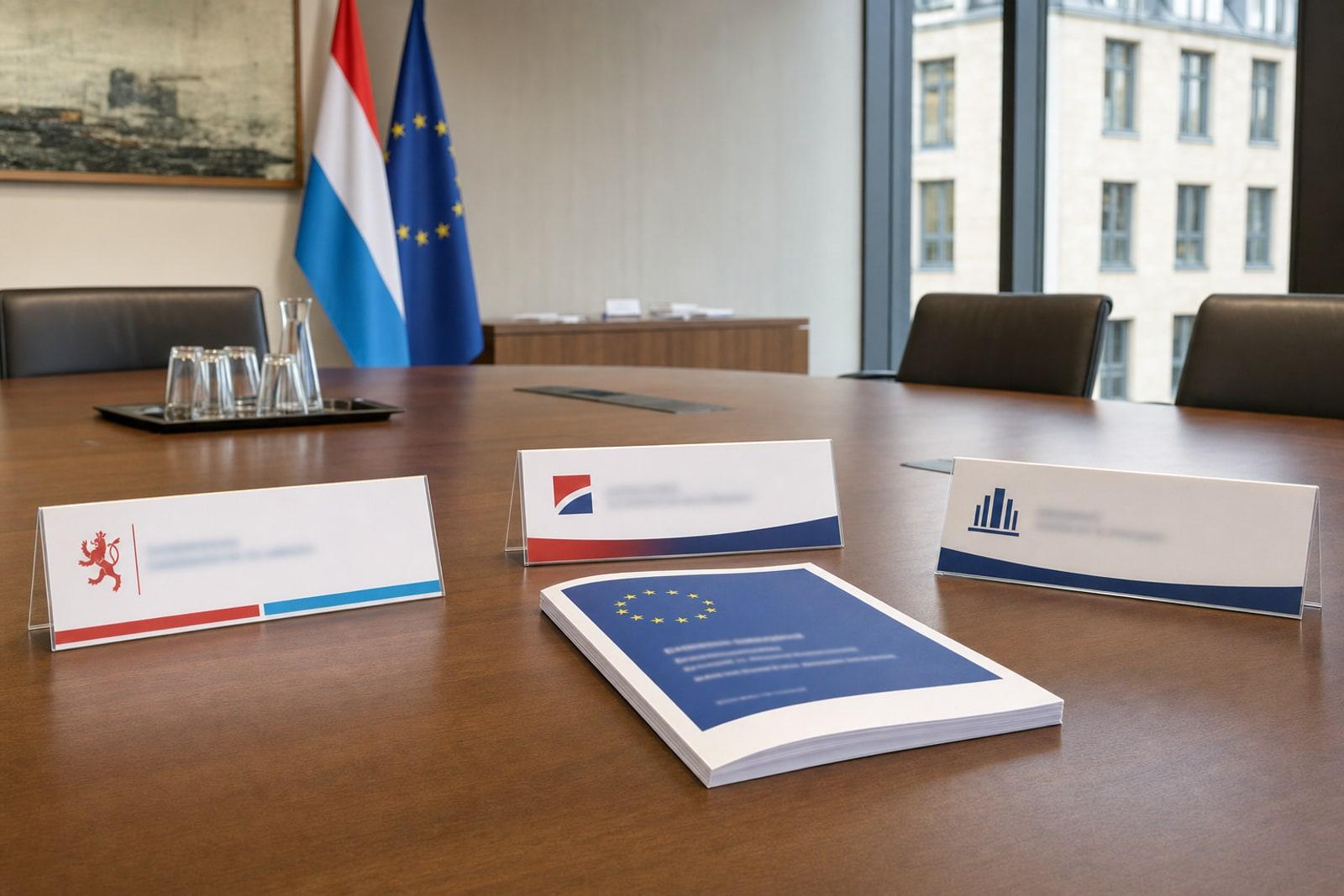 Leerer Tisch für den Luxemburger Sozialdialog mit Namensschildern von Regierung, Gewerkschaften und Arbeitgebern sowie der EU-Mindestlohnrichtlinie
