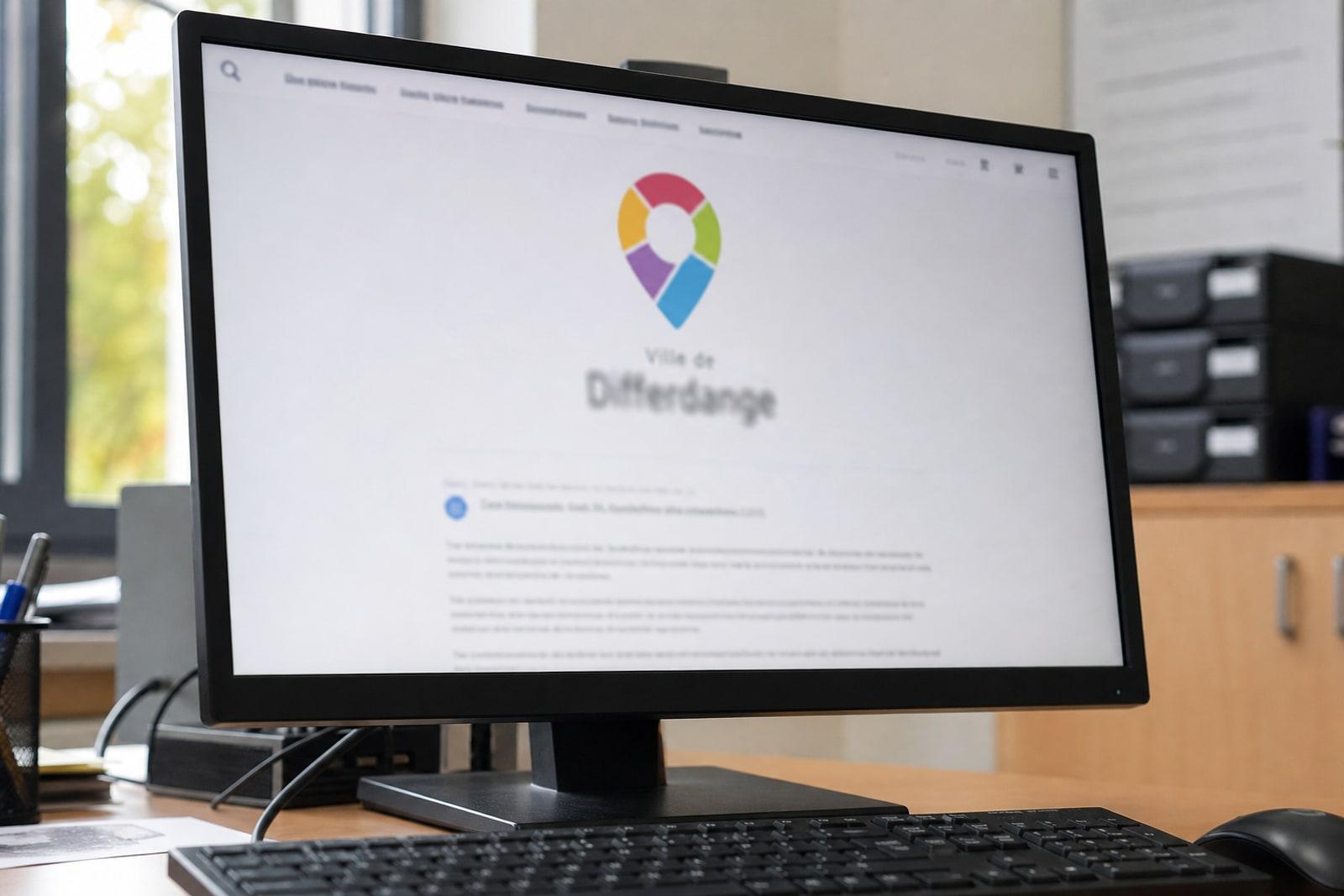 Computer in einem Gemeindebüro mit der Webseite zum Sicherheitsvorfall der Stadt Differdingen