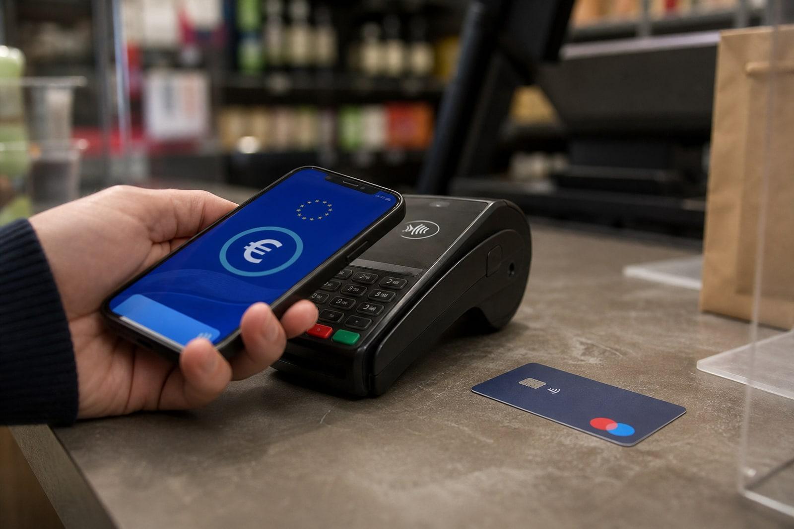 A smartphone displaying a blue digital euro wallet app taps a contactless payment terminal in a shop, with an unused bank card beside it.