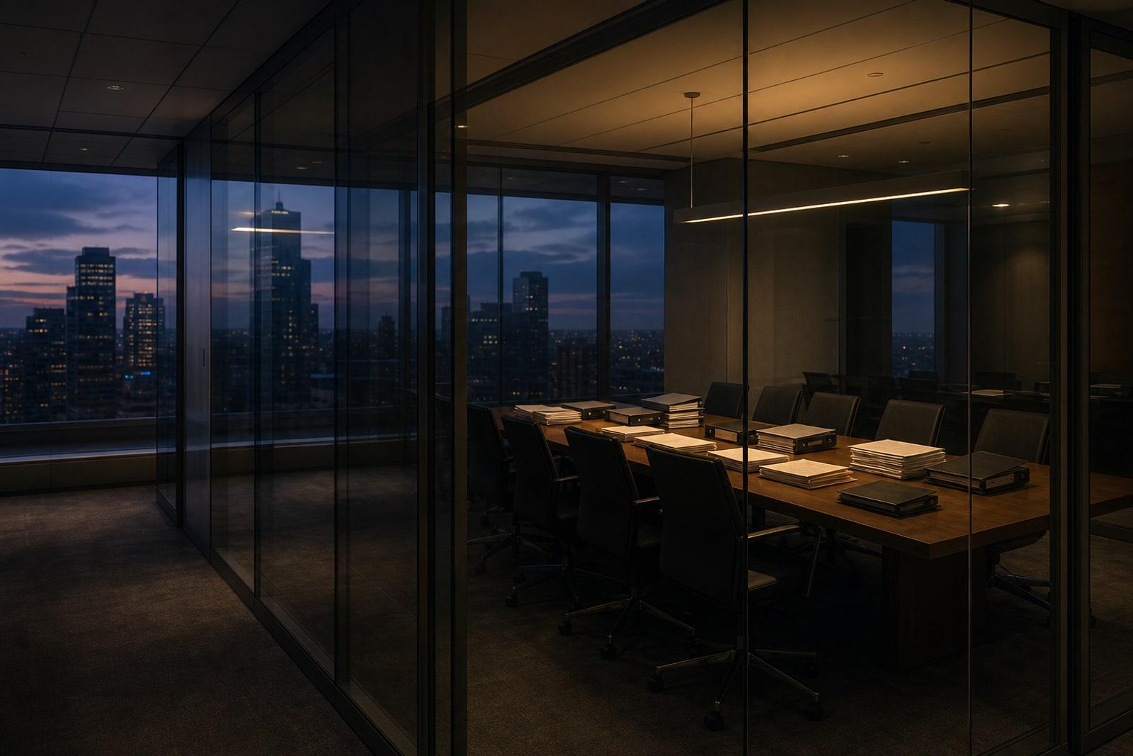 An empty glass-walled bank boardroom at dusk with stacks of unmarked loan documents on the table and a city financial district visible through the window.