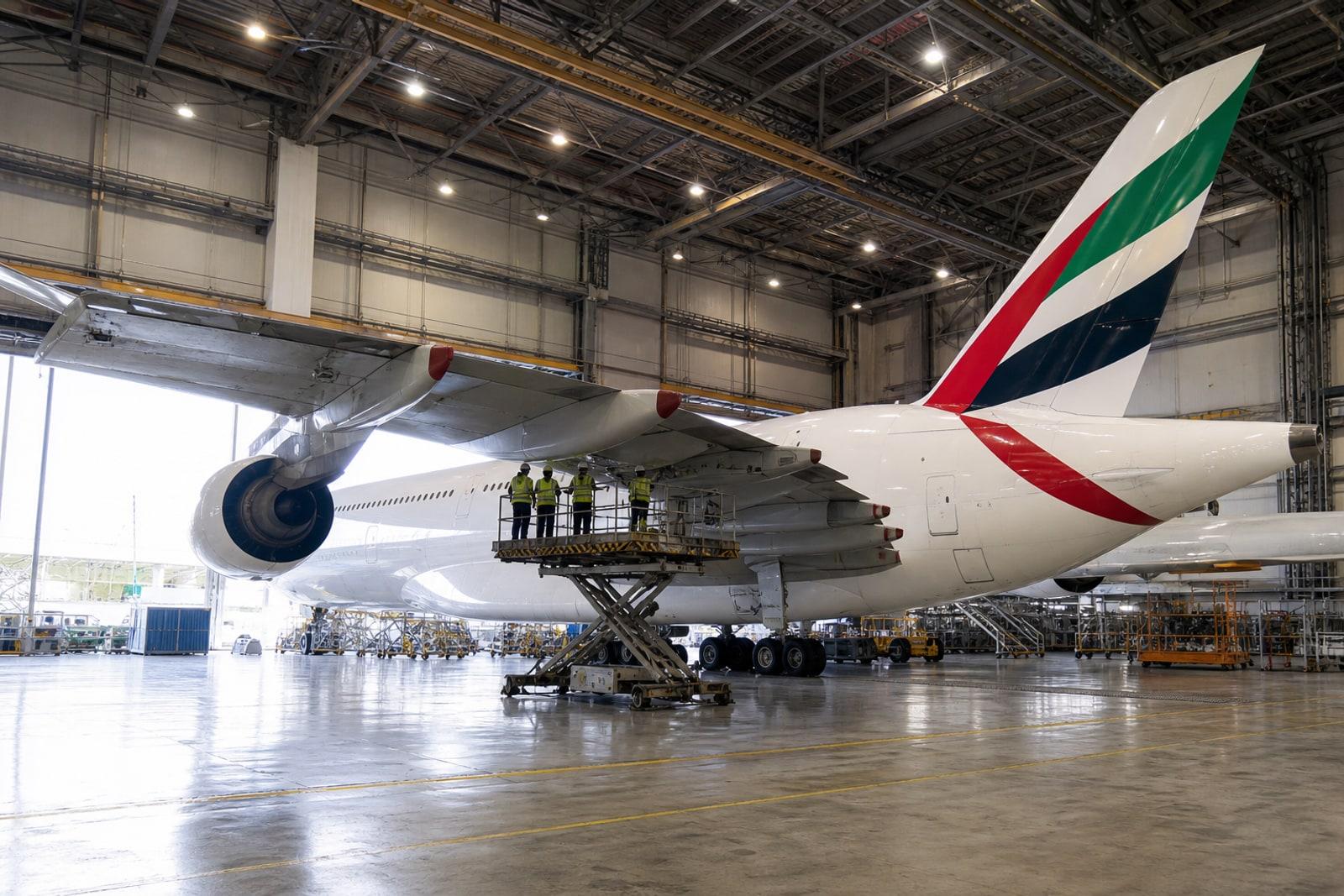 An Emirates Airbus A380 in a maintenance hangar with engineers inspecting the underside of its wing.