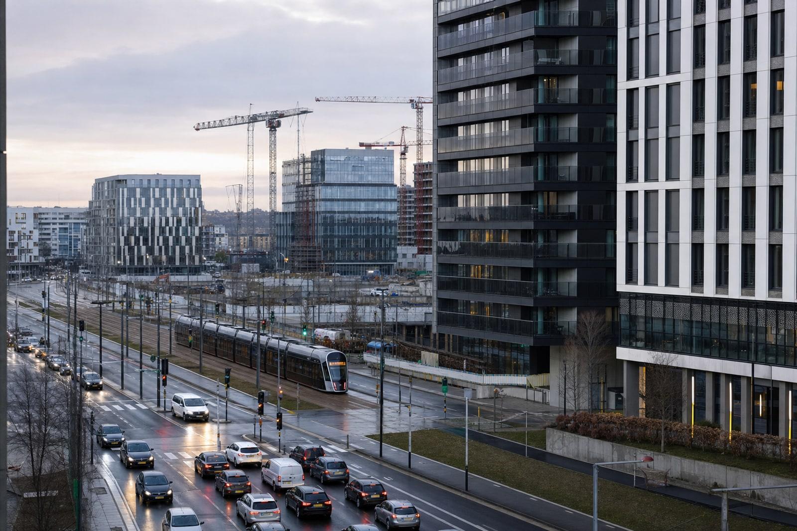 Immeubles d’habitation en construction et circulation de navetteurs dans le quartier de la Cloche d’Or à Luxembourg-Ville
