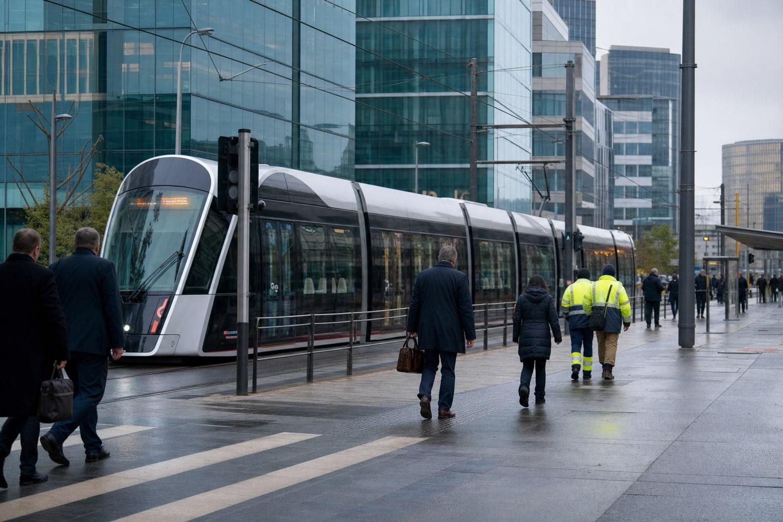 Muergeslech Pendlerszen um Kirchberg zu Lëtzebuerg-Stad mat Glastierm, engem rout-wäissen Luxtram an anonymen Büro- a Bauaarbechter.