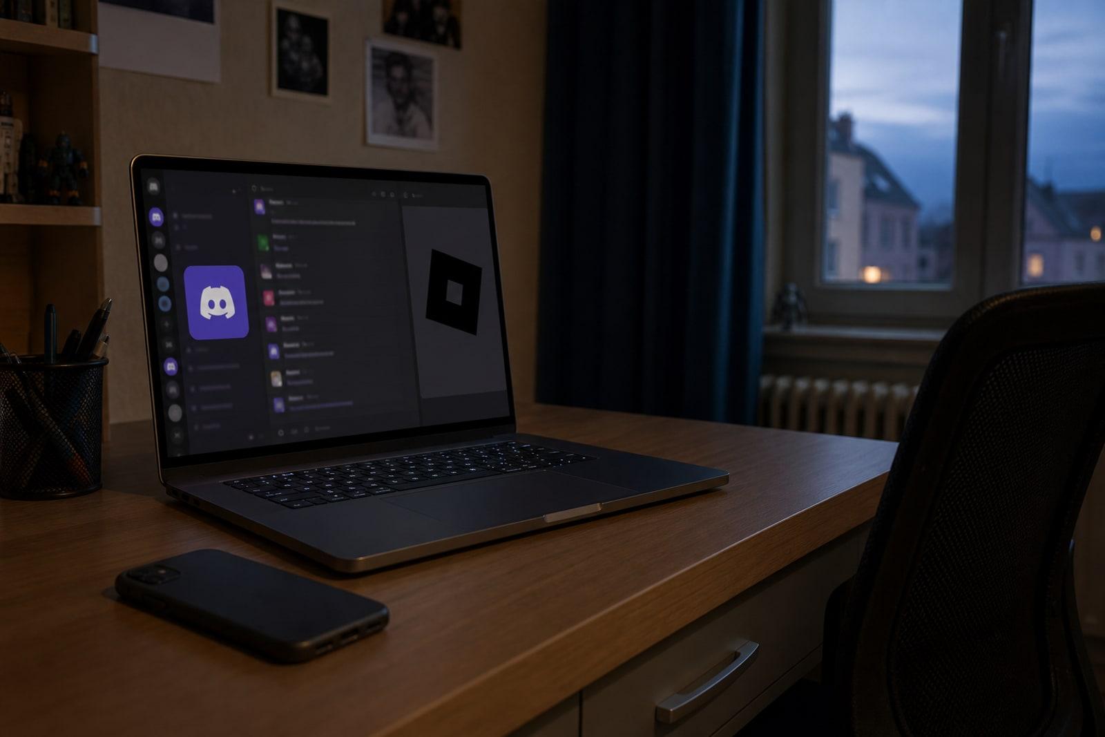 Schreifdësch vun engem Jugendleche mat engem Laptop, op deem d’Discord-Interface an de Roblox-Logo ze gesi sinn; kee Mënsch ass am Bild.