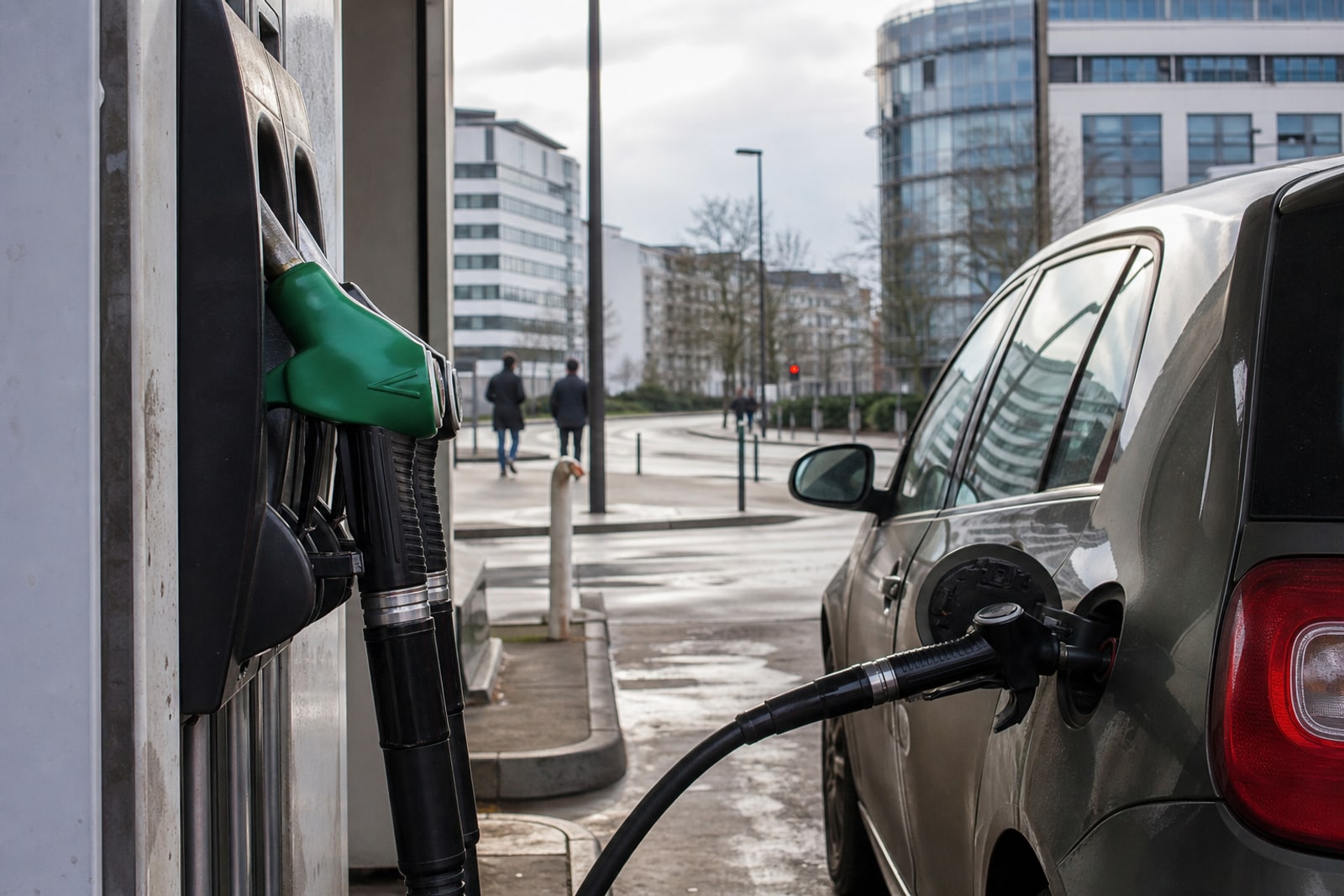 An unbranded fuel pump refuels a car on a wet Luxembourg city street, with office buildings and anonymous pedestrians in the background.