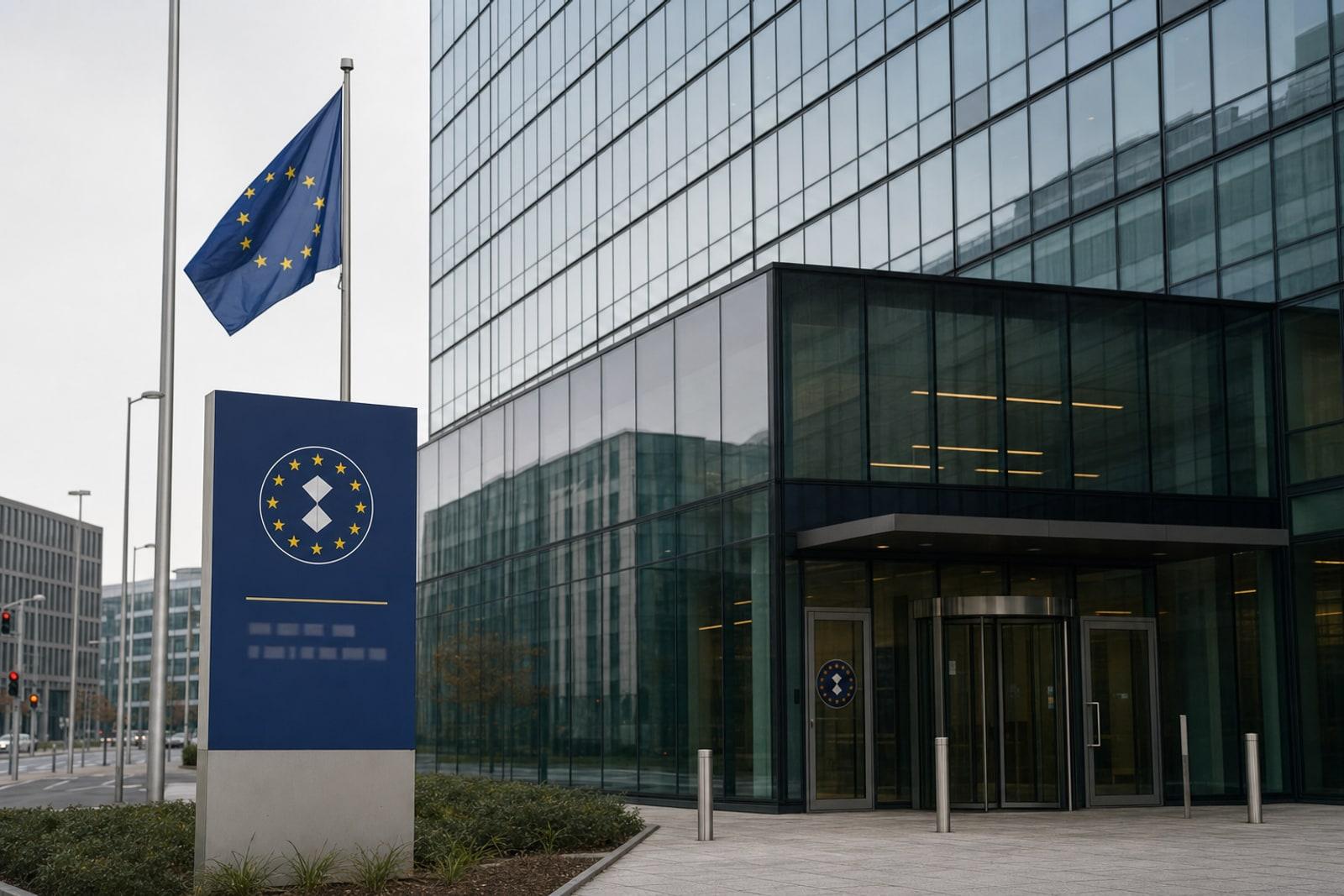 The European Public Prosecutor's Office headquarters building in Luxembourg's Kirchberg district, with the EPPO emblem and EU flag at the entrance