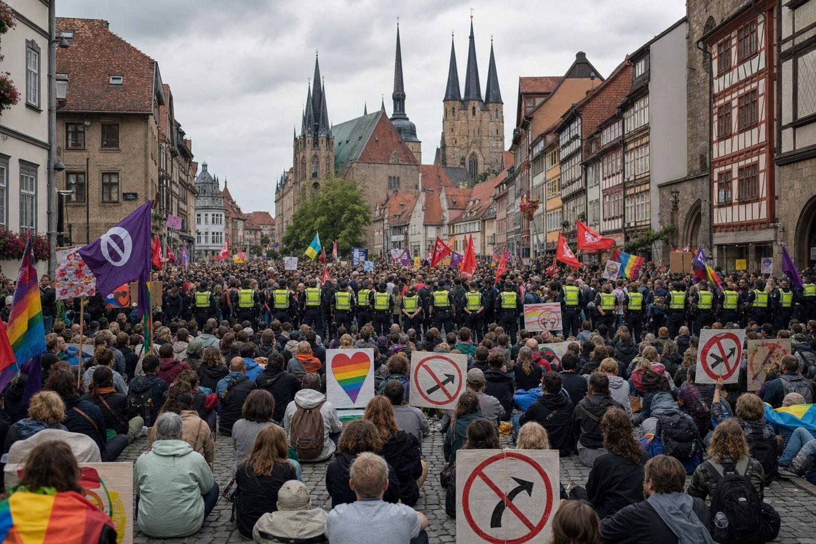 Thousands of demonstrators fill a street in Erfurt with banners and flags, seated in a blockade before lines of German police, protesting the AfD congress.