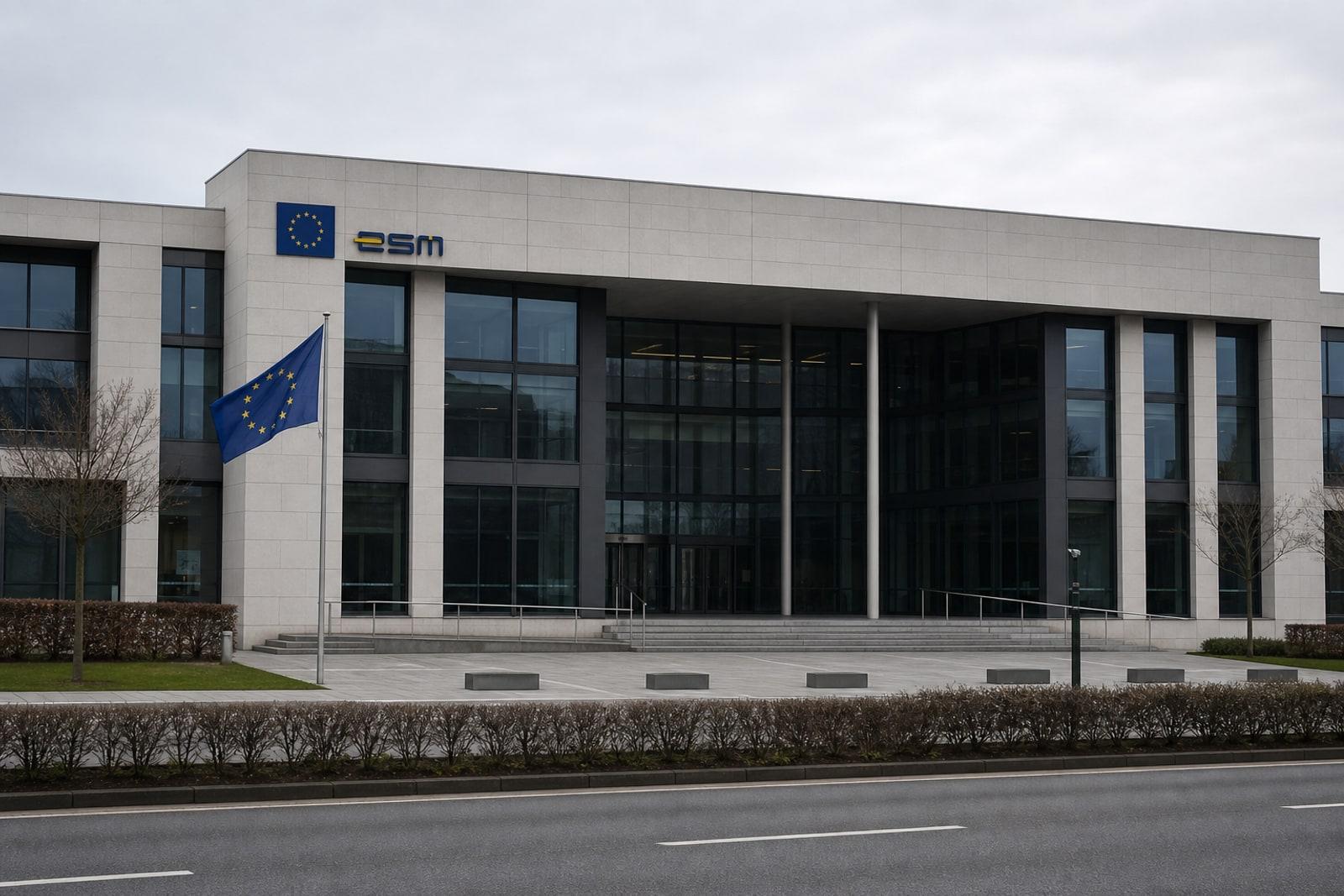 The glass-and-stone European Stability Mechanism headquarters in Luxembourg's Kirchberg district under an overcast sky.