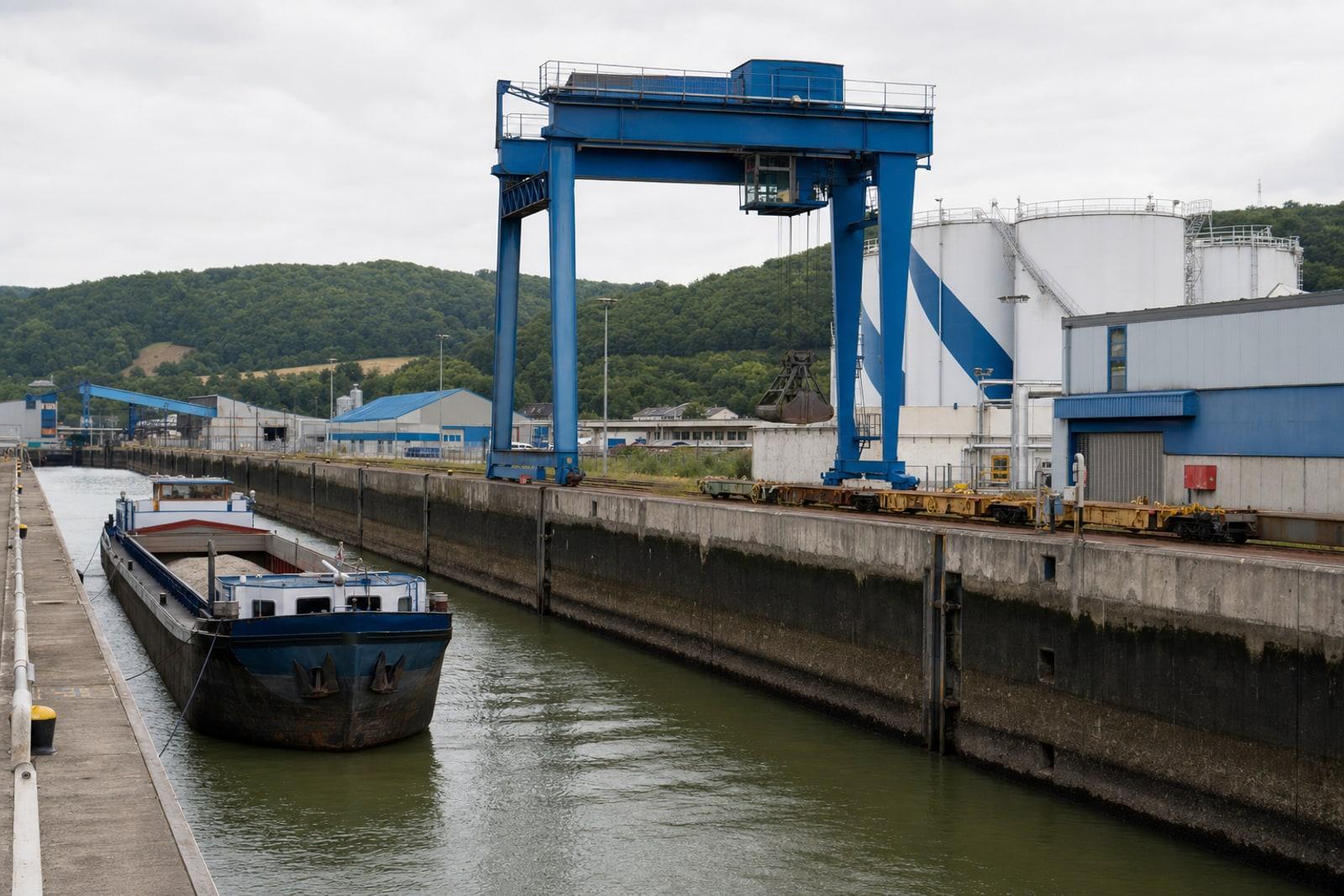 Barge faiblement chargée devant une grue LUXPORT et les réservoirs de Tanklux au port de Mertert