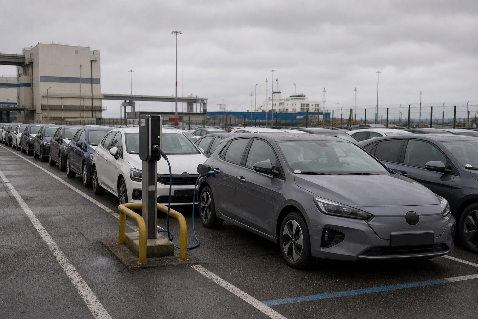 A long row of new cars parked at a European vehicle-distribution terminal under grey skies, one connected to an electric-vehicle charging cable.