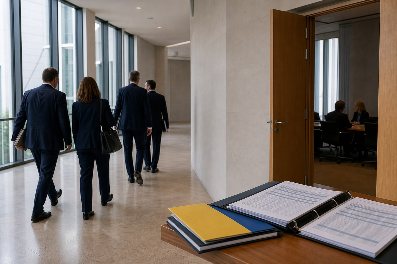 Anonymous officials walk through a Luxembourg institutional corridor past an open meeting room and binders of unreadable budget spreadsheets.