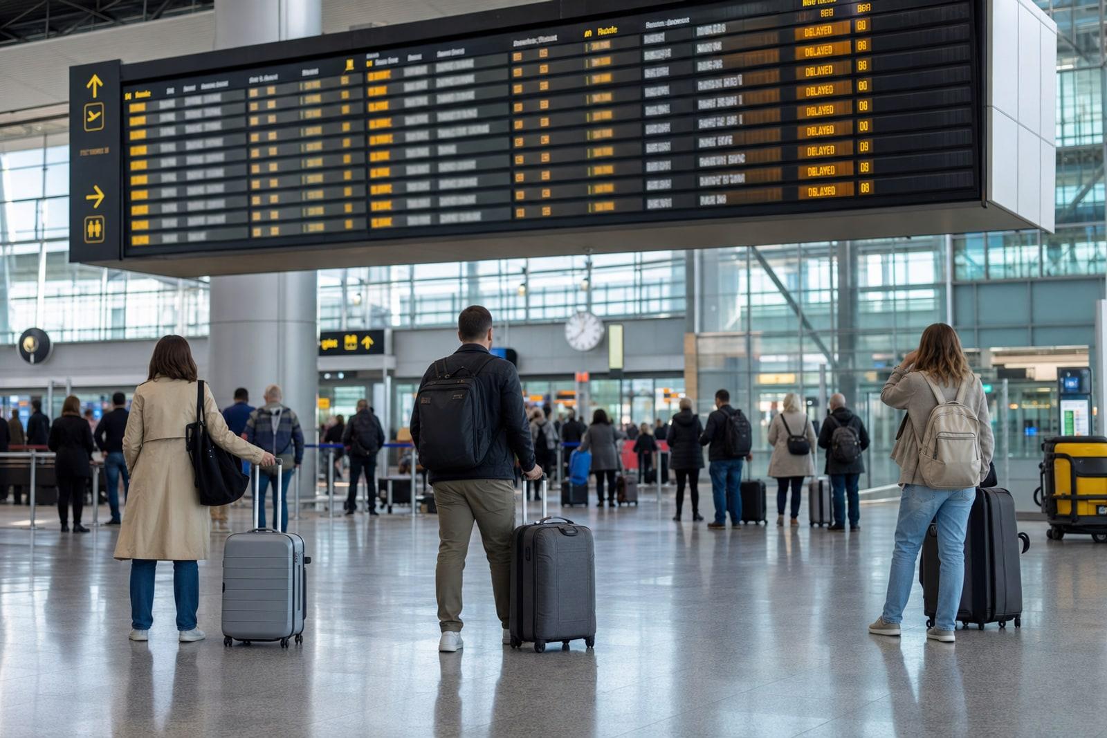 Airport departures board showing several delayed flights as travellers wait with luggage in a terminal hall.