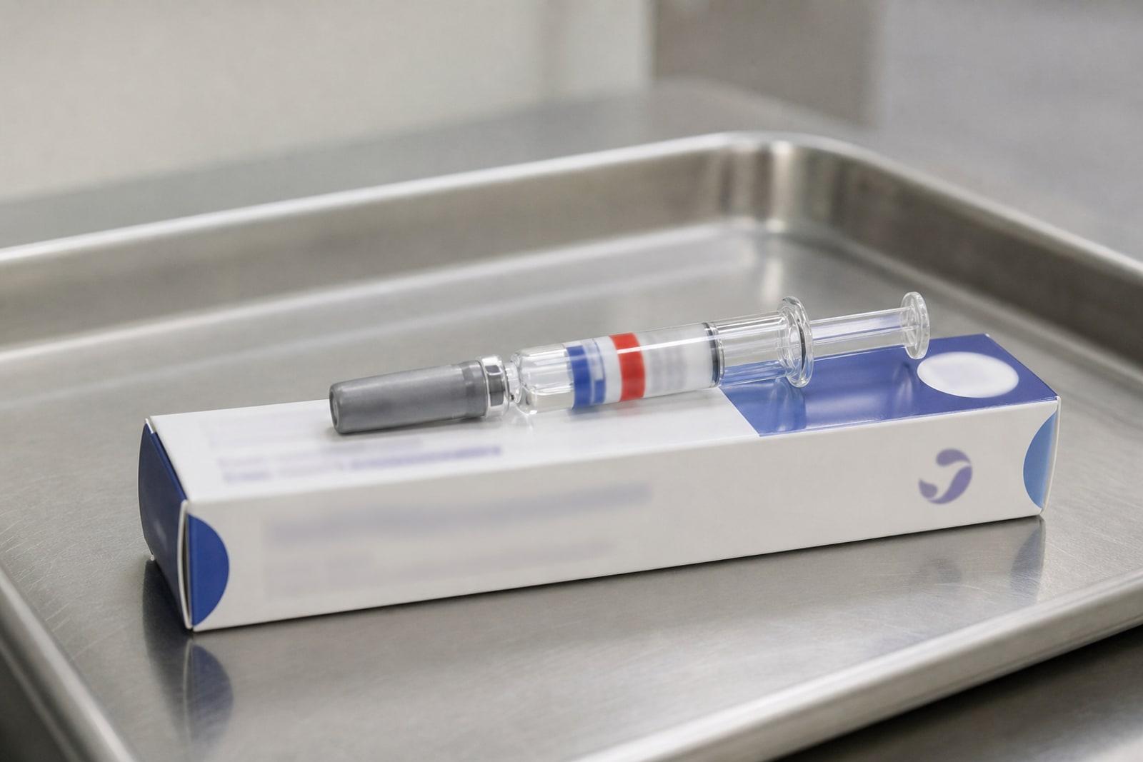 A pre-filled influenza-vaccine syringe resting on a white-and-blue Sanofi vaccine carton on a stainless-steel clinic tray.