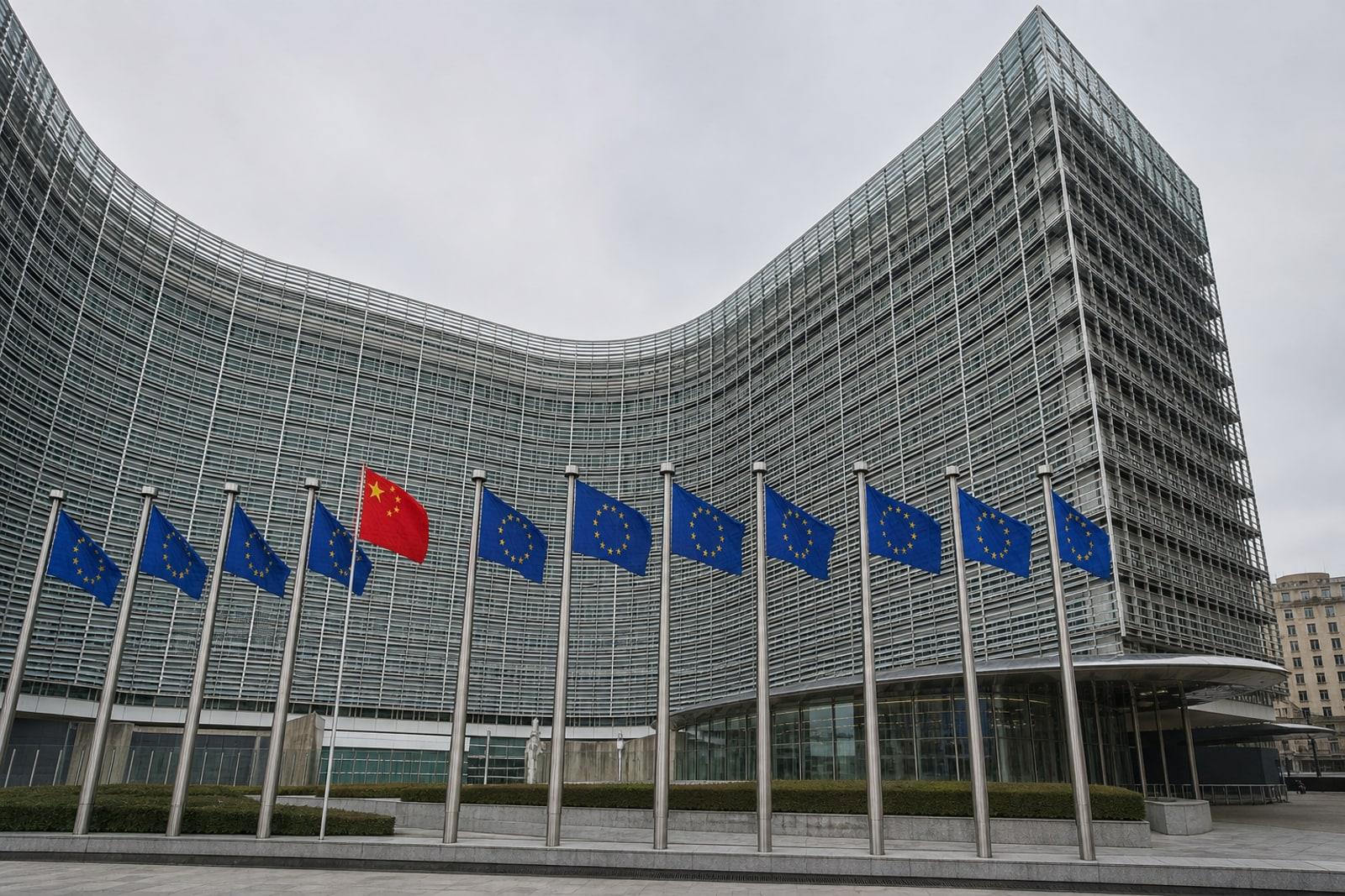 Illustration of the European Commission's cruciform glass Berlaymont headquarters in Brussels behind a row of EU flags with one Chinese flag.
