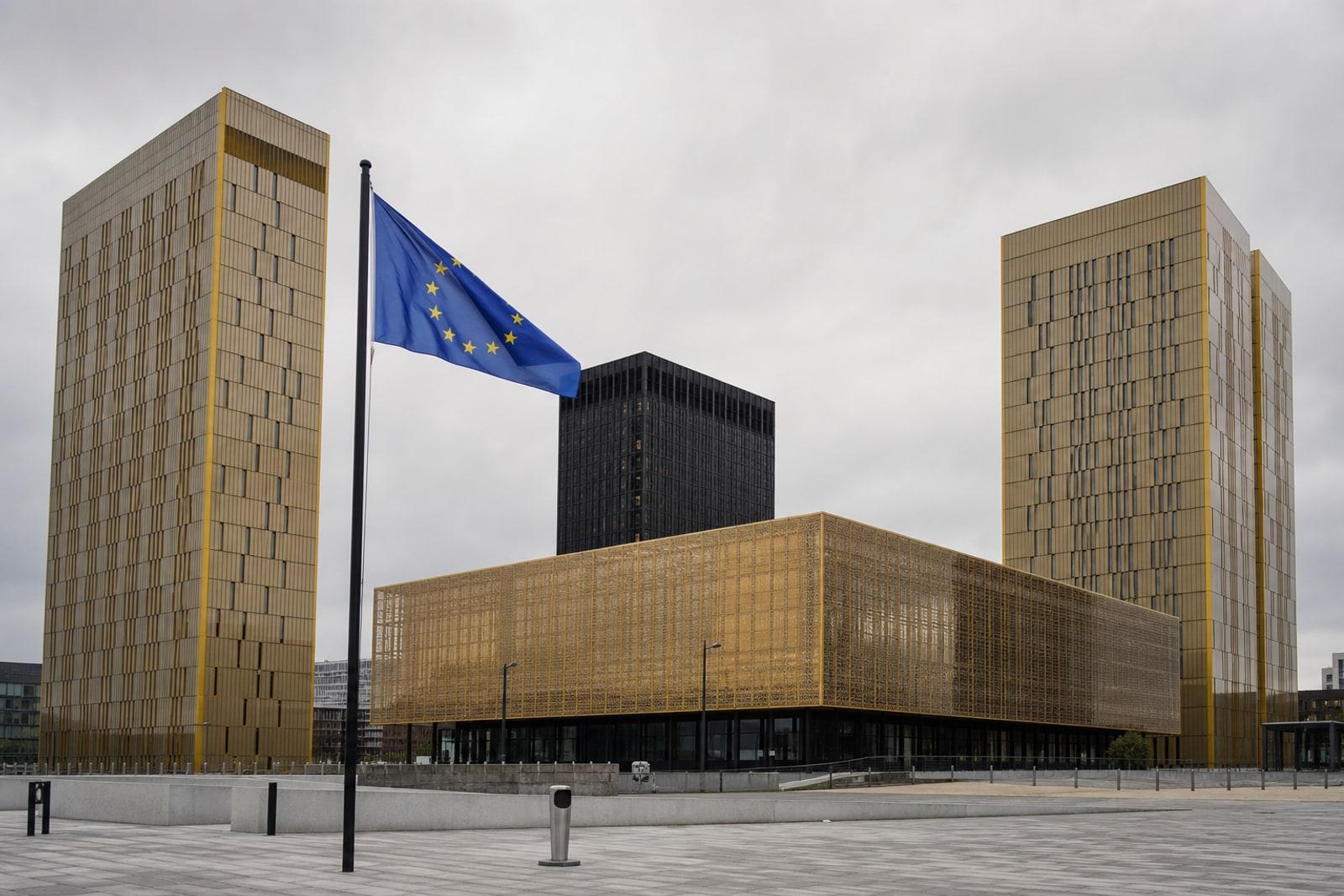The gold-clad twin towers and gilded Palais of the Court of Justice of the European Union on the Kirchberg plateau in Luxembourg.