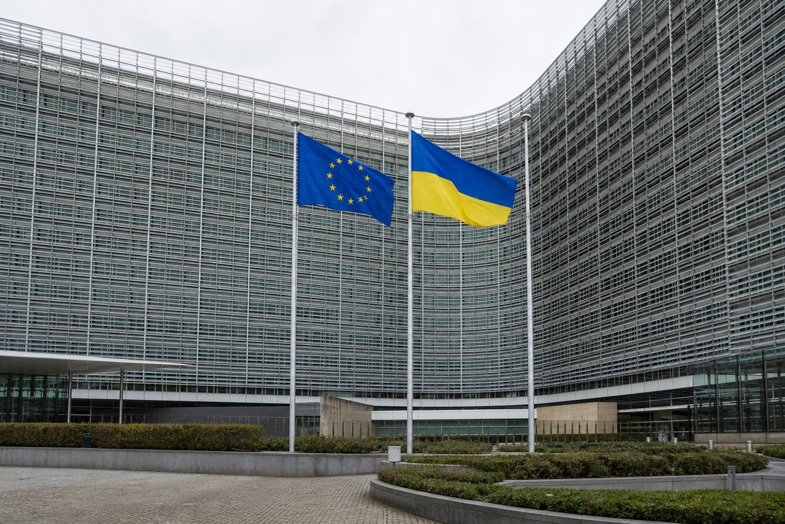 The European Commission's Berlaymont building in Brussels with EU and Ukrainian flags flying side by side outside it.