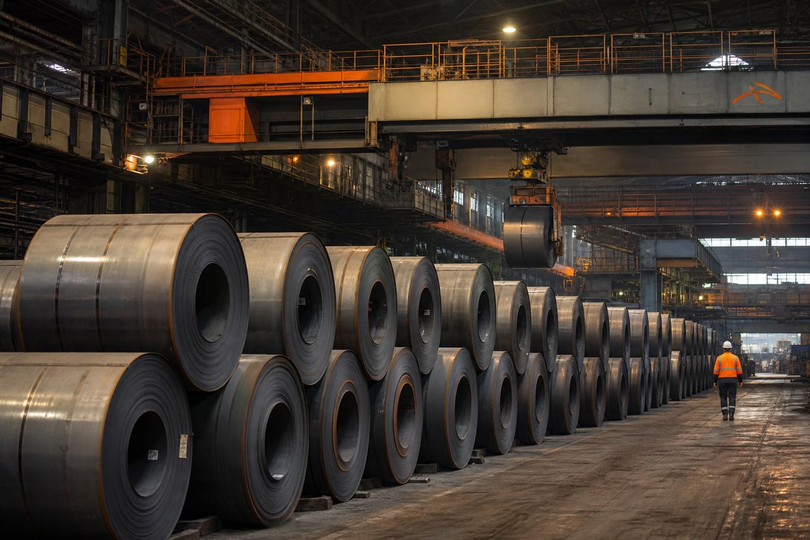 Rows of stacked rolled steel coils in a dim European steelworks with an overhead gantry crane and orange industrial accents.