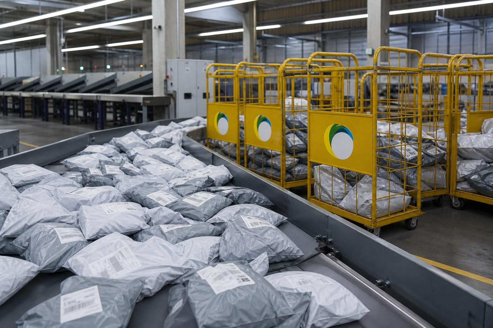 Small e-commerce plastic parcel mailers with customs labels moving along a sorting conveyor next to yellow POST Luxembourg roll cages
