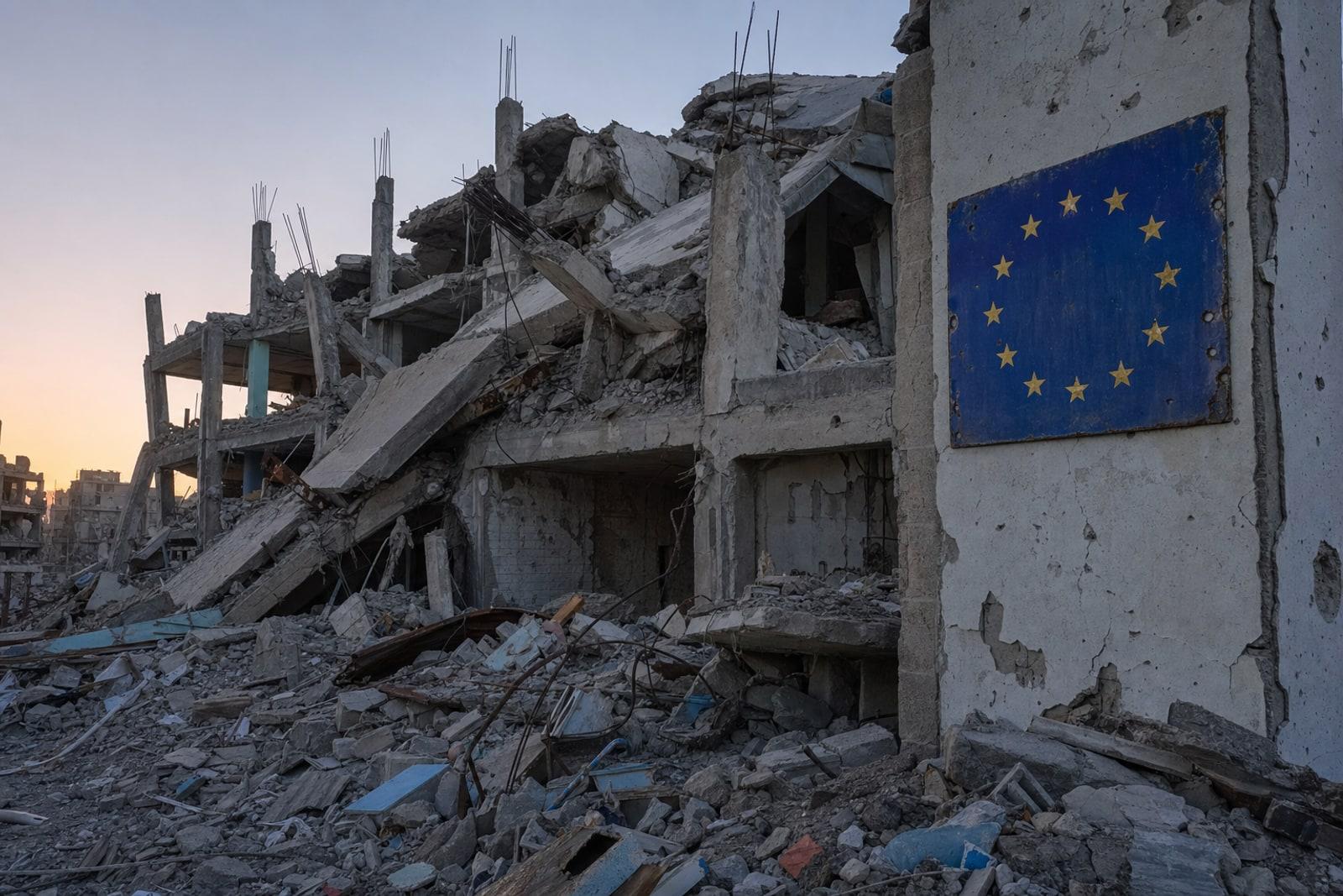 A bomb-damaged EU-funded hospital block in southern Gaza with a European Union aid signboard and ring of gold stars on a standing wall