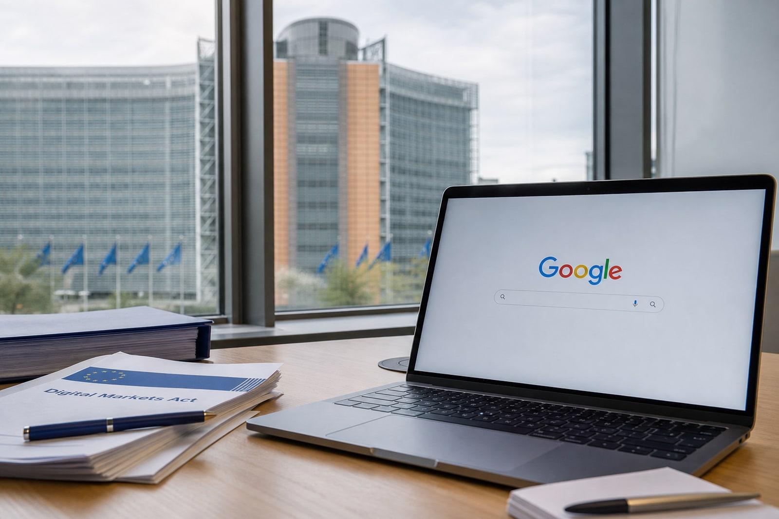 Laptop showing the multicoloured Google Search logo beside EU Digital Markets Act papers in a Brussels office.