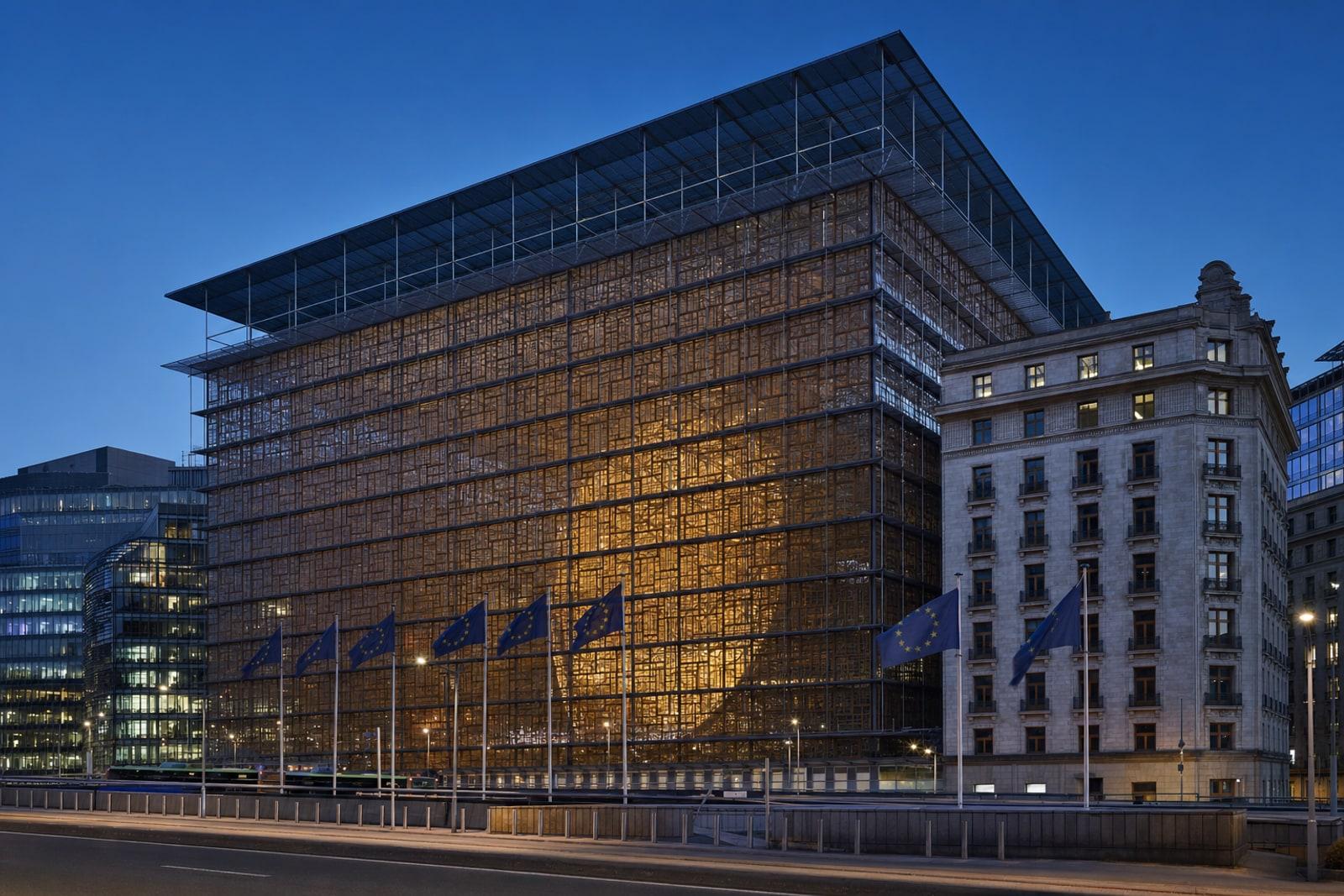 The Europa building in Brussels, seat of the Council of the European Union, lit at dusk with EU flags in the foreground.