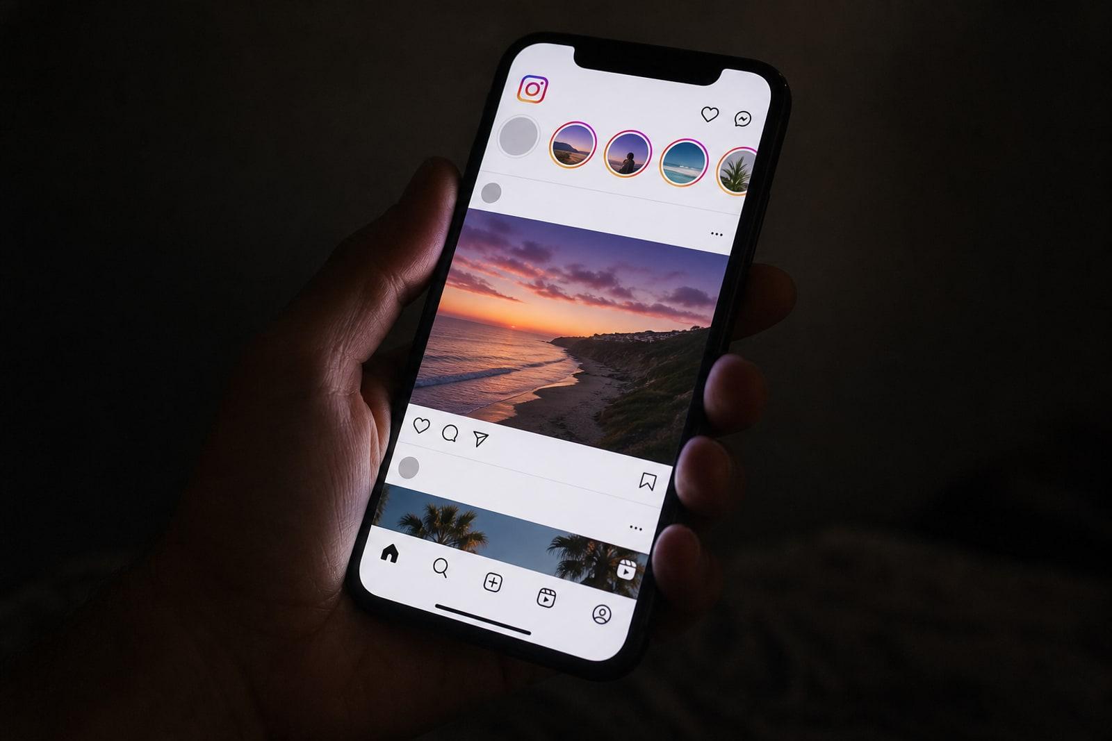 Smartphone bei Nacht zeigt einen Instagram-ähnlichen Endlos-Feed, Sinnbild für das von der EU beanstandete süchtig machende Design