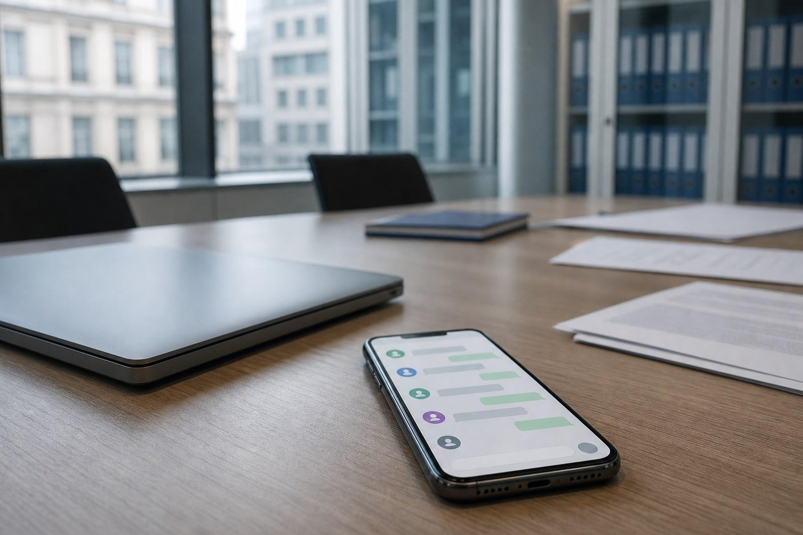A smartphone with an unlabeled generic chat interface rests on a conference table in a quiet Brussels-style institutional office.