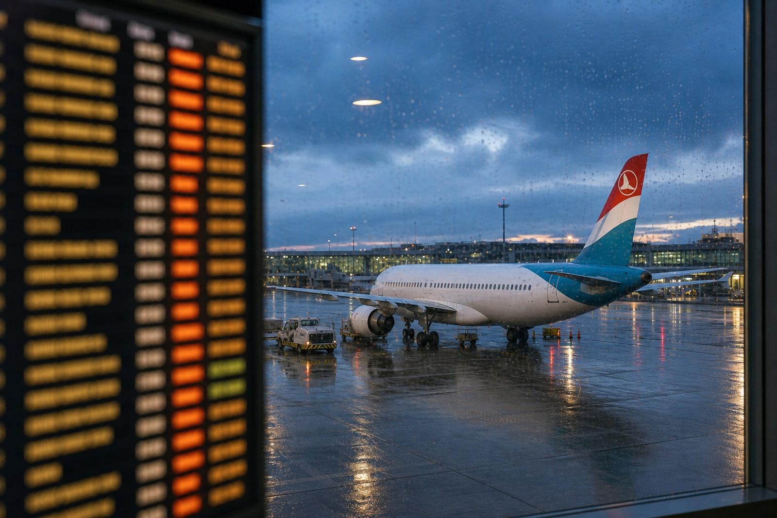 Eine Luxair-Maschine auf dem Vorfeld des Flughafens Luxemburg-Findel, im Vordergrund eine Anzeigetafel mit verspäteten Flügen.