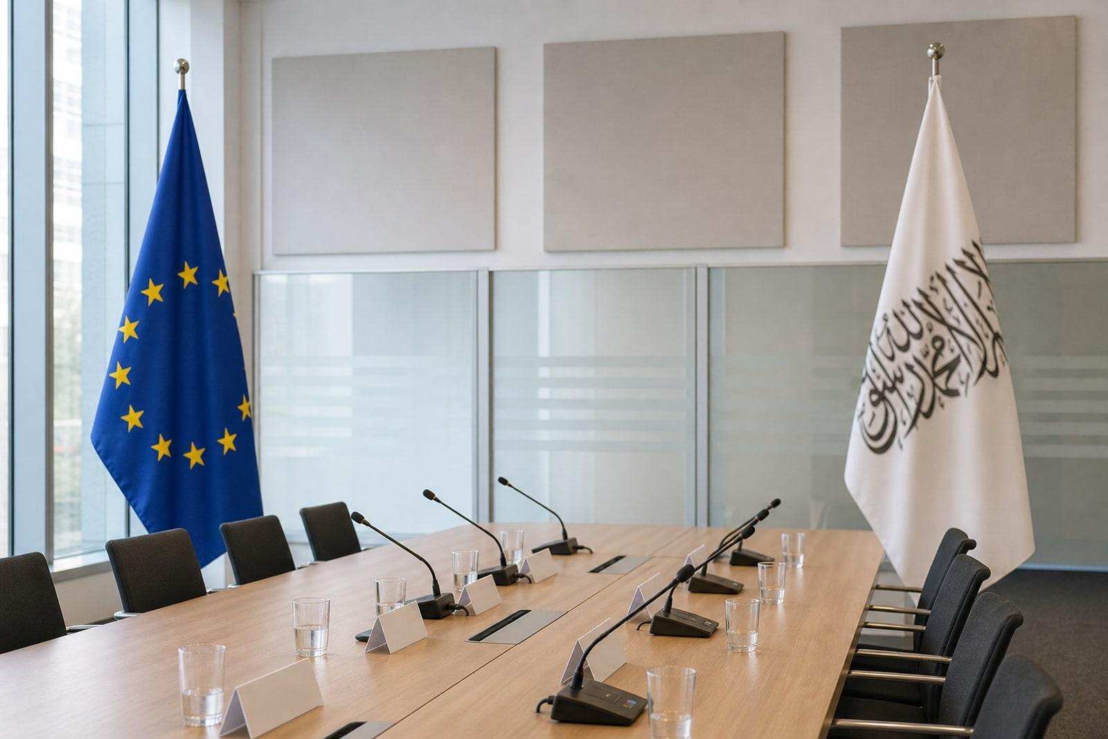 Illustration of an empty EU meeting room with the European Union flag at one end of a conference table facing the plain white flag of the Taliban's Islamic Emirate at the other.