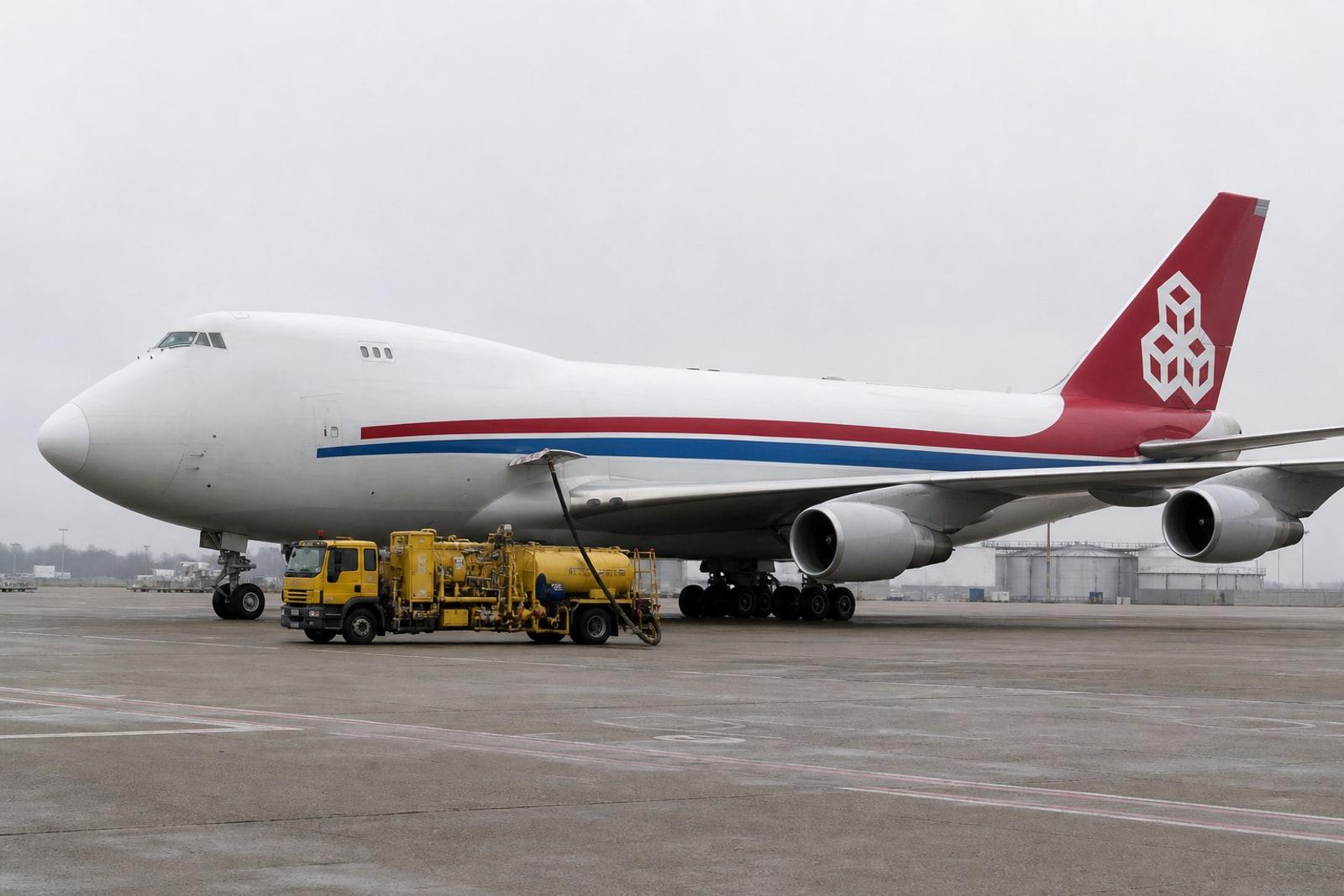A yellow jet-fuel dispenser truck refuelling a white Boeing 747 freighter with a red tail on an airport apron under overcast skies.
