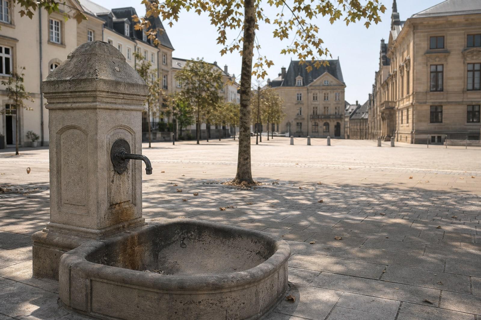 A sun-bleached, nearly empty public square in Luxembourg City with a stone drinking fountain and wilting trees under a glaring midday sky.