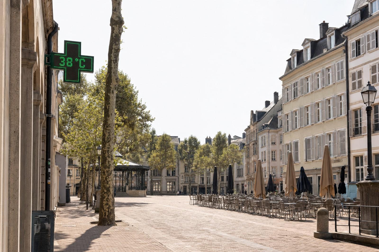 A near-empty Luxembourg City square at midday under a bleached sky, with a pharmacy cross sign reading 38 degrees Celsius during a heatwave.