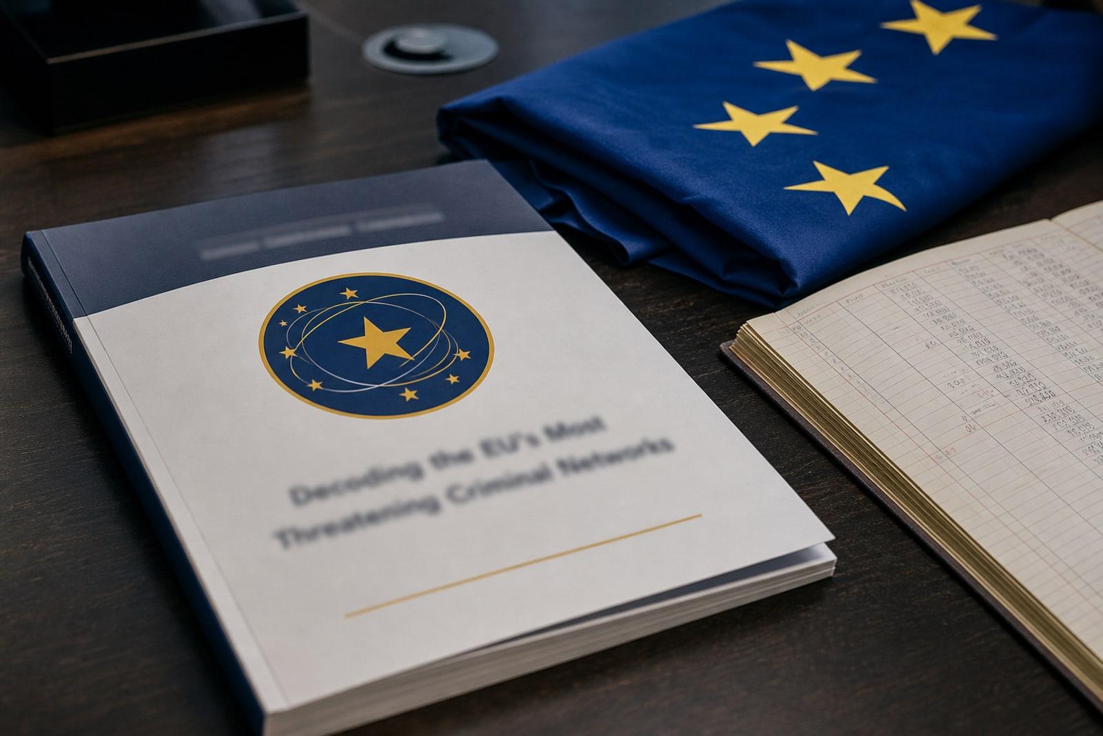 A printed Europol organised-crime threat report with the agency's blue and gold emblem beside an EU flag on a dark desk.