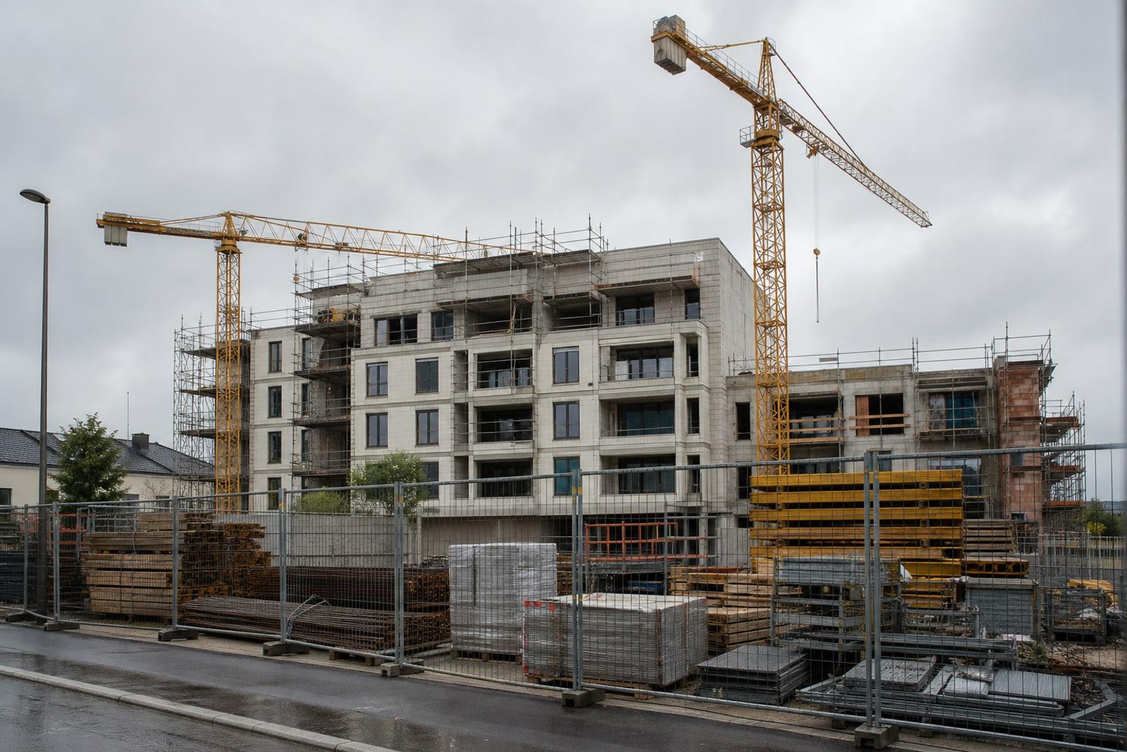 Chantier d’immeubles à l’arrêt au Luxembourg, avec grues et structures inachevées