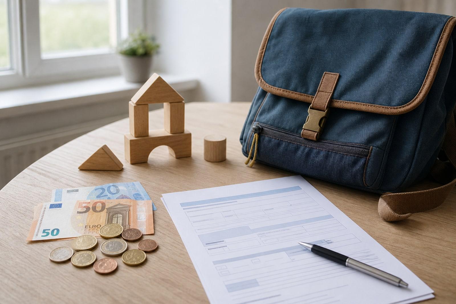 Euro banknotes and coins beside a child's school satchel, wooden building blocks and a benefits form on a table in a Luxembourg home.