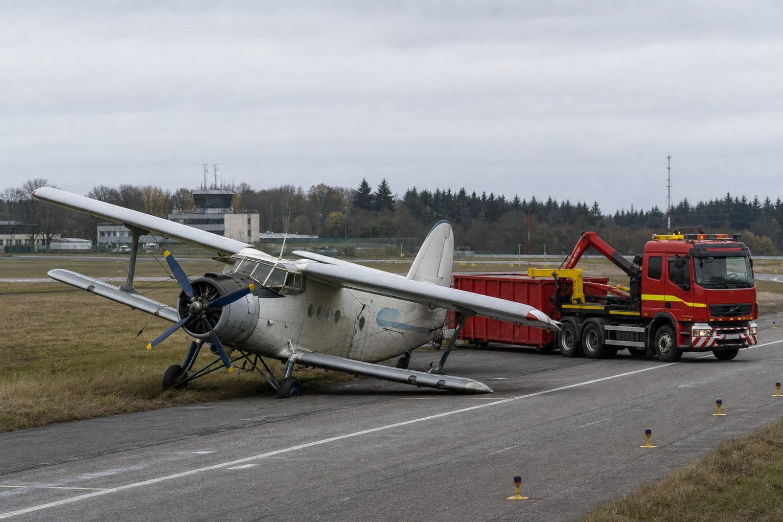 A vintage Antonov An-2 biplane sitting tilted off the edge of a runway at Luxembourg-Findel airport beside a fire-and-rescue recovery truck.