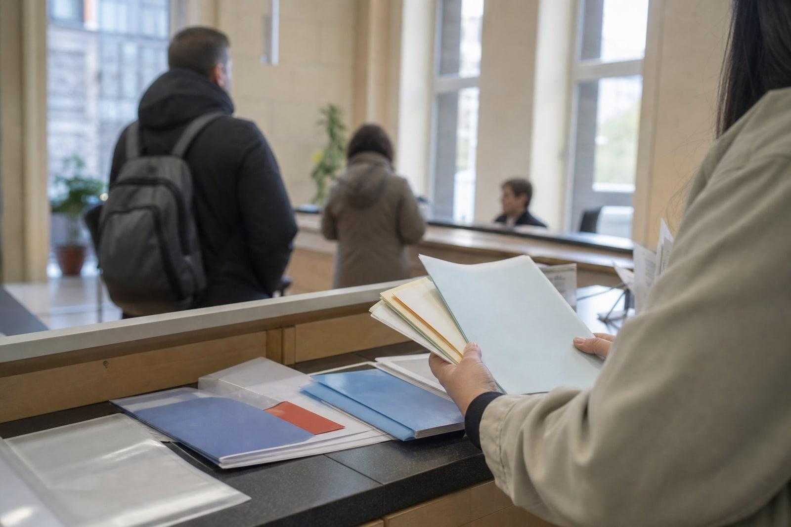 Anonymous people wait at a Luxembourg public service counter while a clerk handles blank folders and forms in soft daylight.