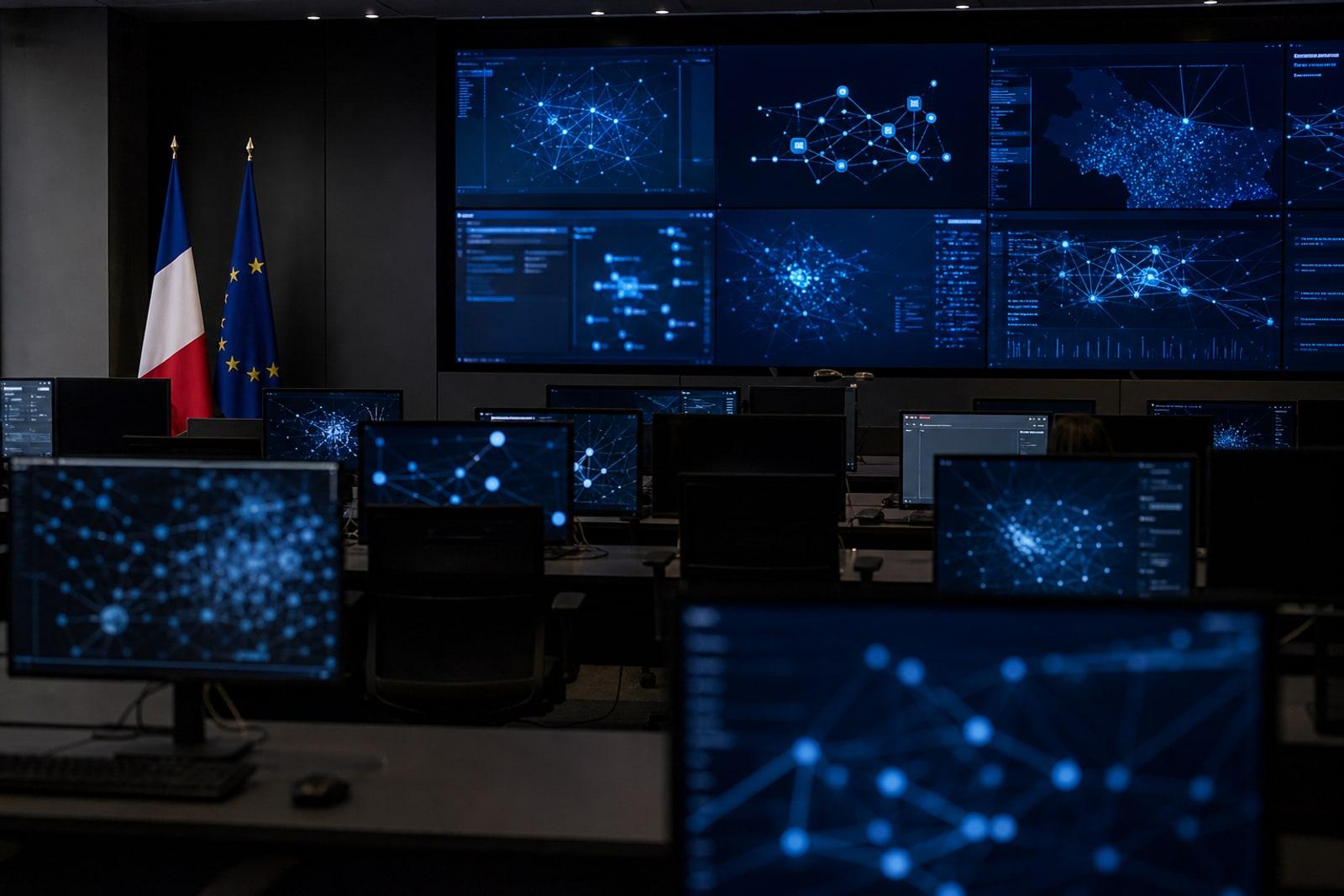 Illustrative view of a dimly lit intelligence-style data-analysis operations room with large screens showing abstract network visualisations and a French tricolore beside an EU flag.