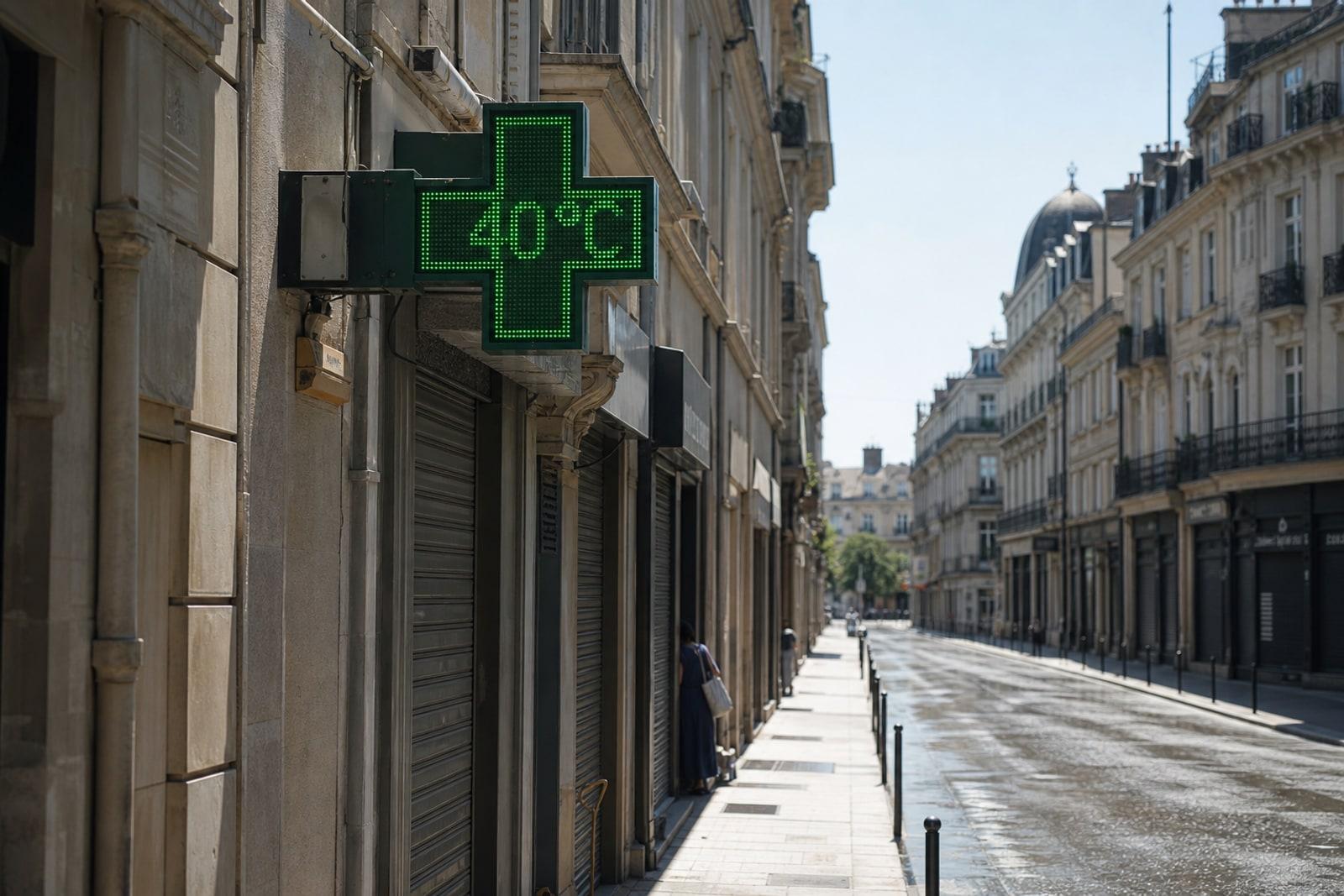 A green pharmacy cross sign reading 40°C glows above an empty, sun-baked European street in shimmering heat haze.