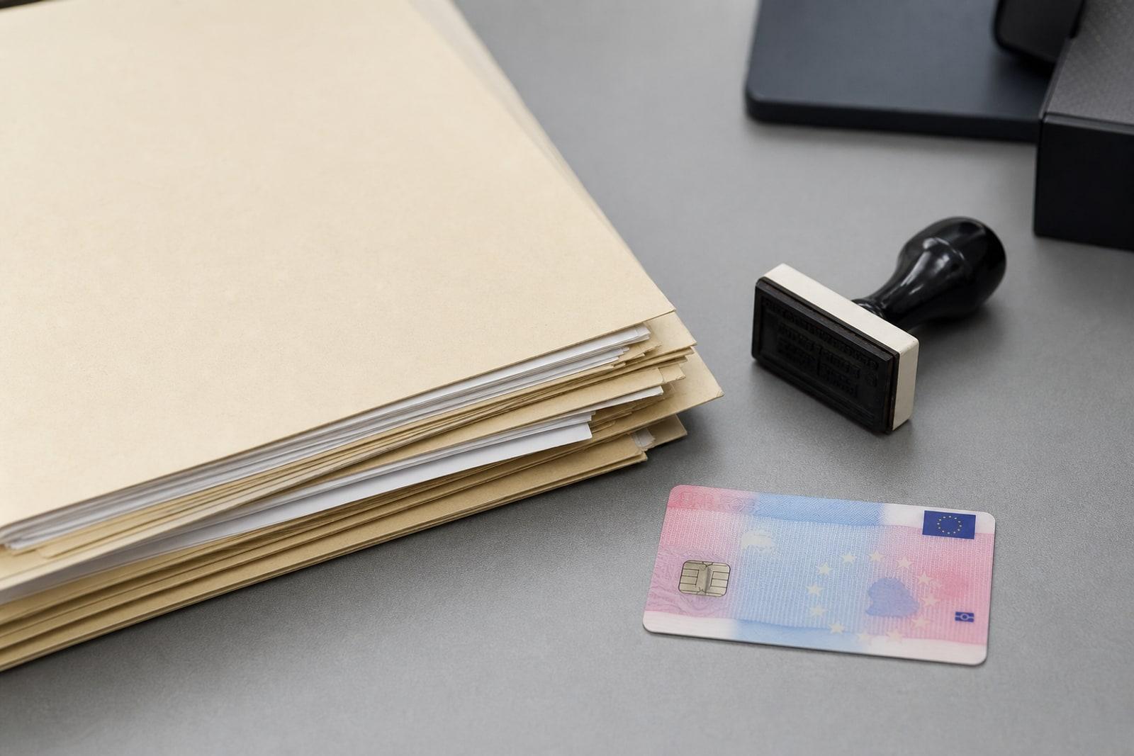 Dossiere fir eng Openthaltserlaabnis, eng biometresch Titre-de-séjour-Kaart an en offiziellen Tampon op engem Sträif vun engem Immigratiounsbüro.