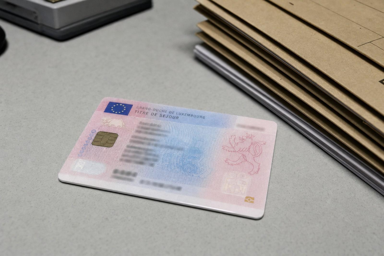 Un titre de séjour luxembourgeois posé sur un bureau d'administration, à côté de dossiers fermés.