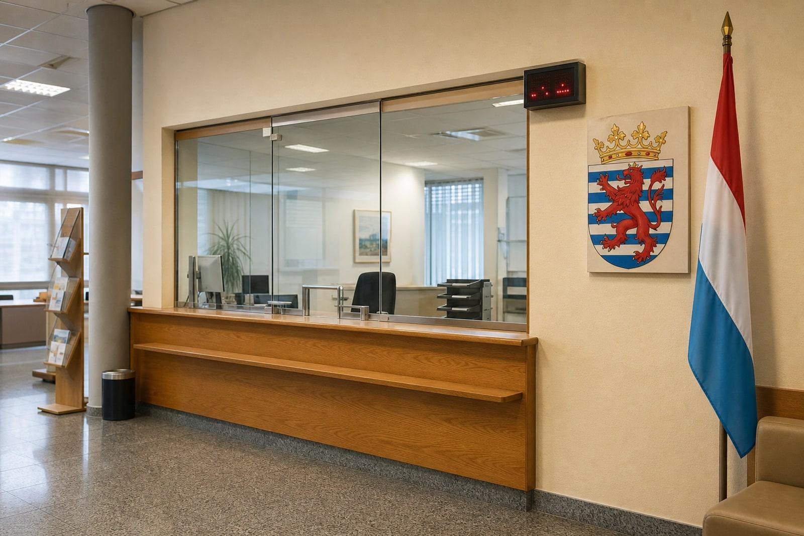 Guichet d'un bierger-center communal luxembourgeois dédié à l'inscription au registre de la population, avec drapeau national et armoiries communales, sans personne identifiable.