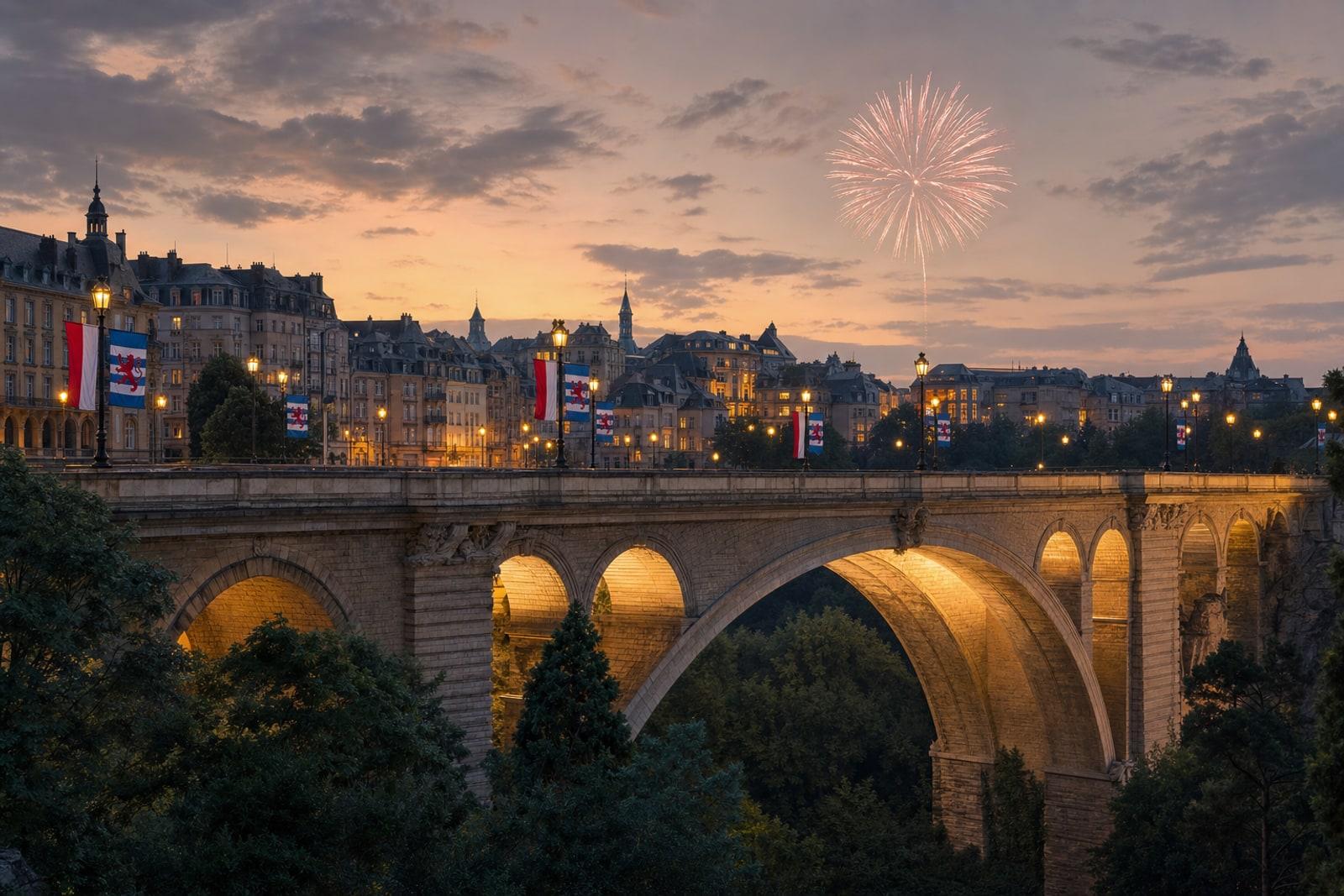 Fireworks burst over the pale stone arches of the Pont Adolphe in Luxembourg City, with façades hung with the red-white-light-blue Luxembourg flag.