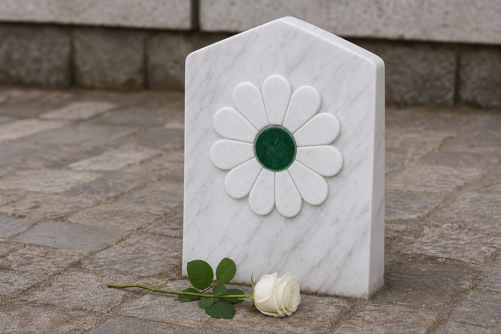 A white memorial stone bearing the Flower of Srebrenica emblem, eleven white petals around a green centre, with a single white rose laid before it.