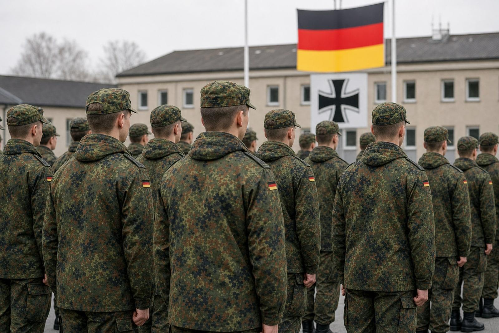 German Bundeswehr recruits in flecktarn camouflage uniforms standing in formation on a barracks parade ground beneath an overcast sky.