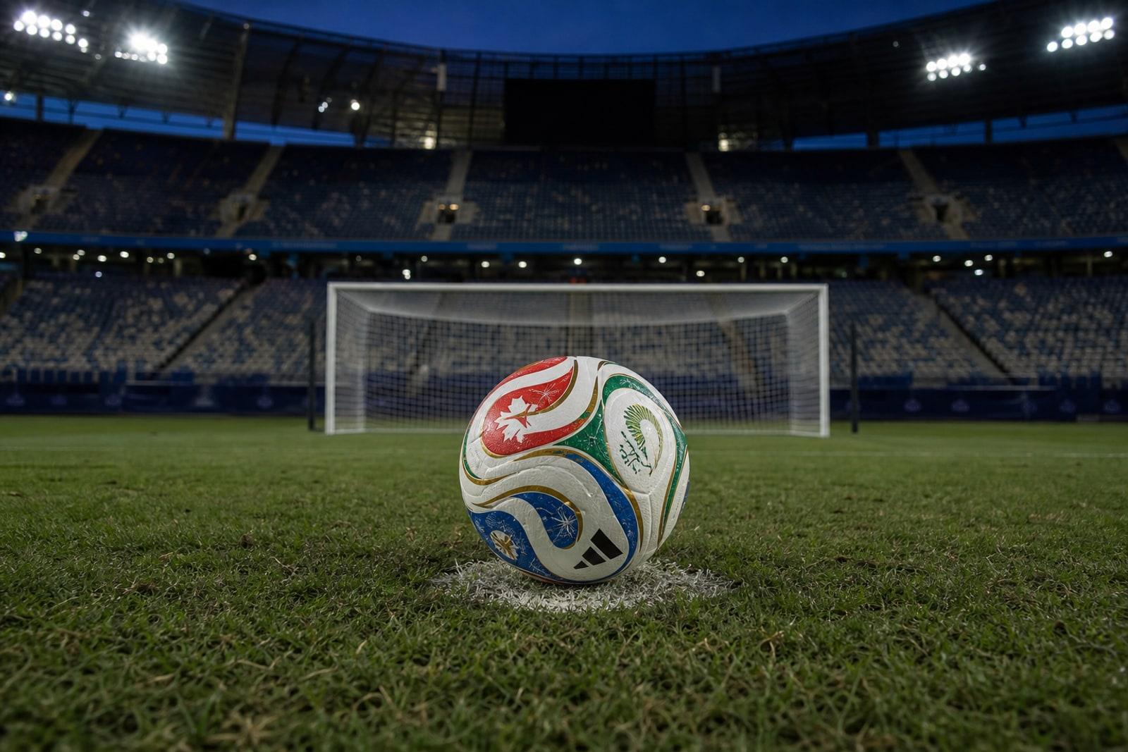 Le ballon officiel adidas « Trionda » de la Coupe du monde 2026 posé sur le point de penalty d'un stade éclairé qui se vide.