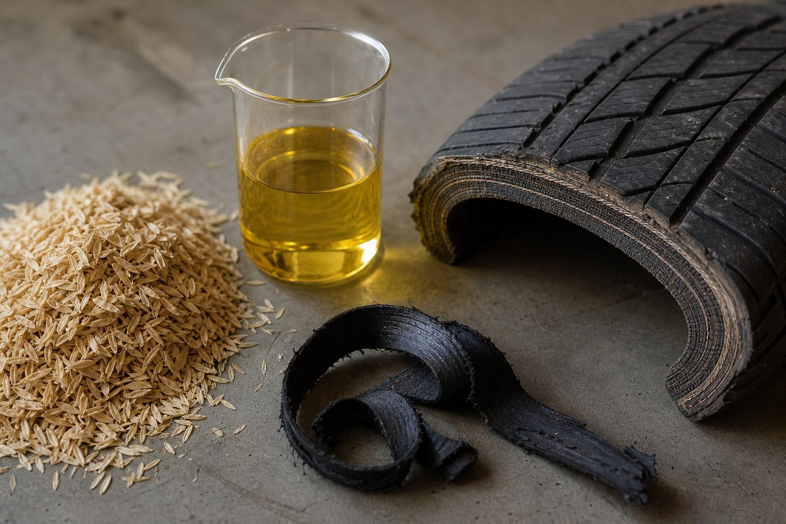 Workbench still life of tyre raw materials: rice husks, a beaker of soybean oil and recycled rubber beside a cross-section of tyre tread.