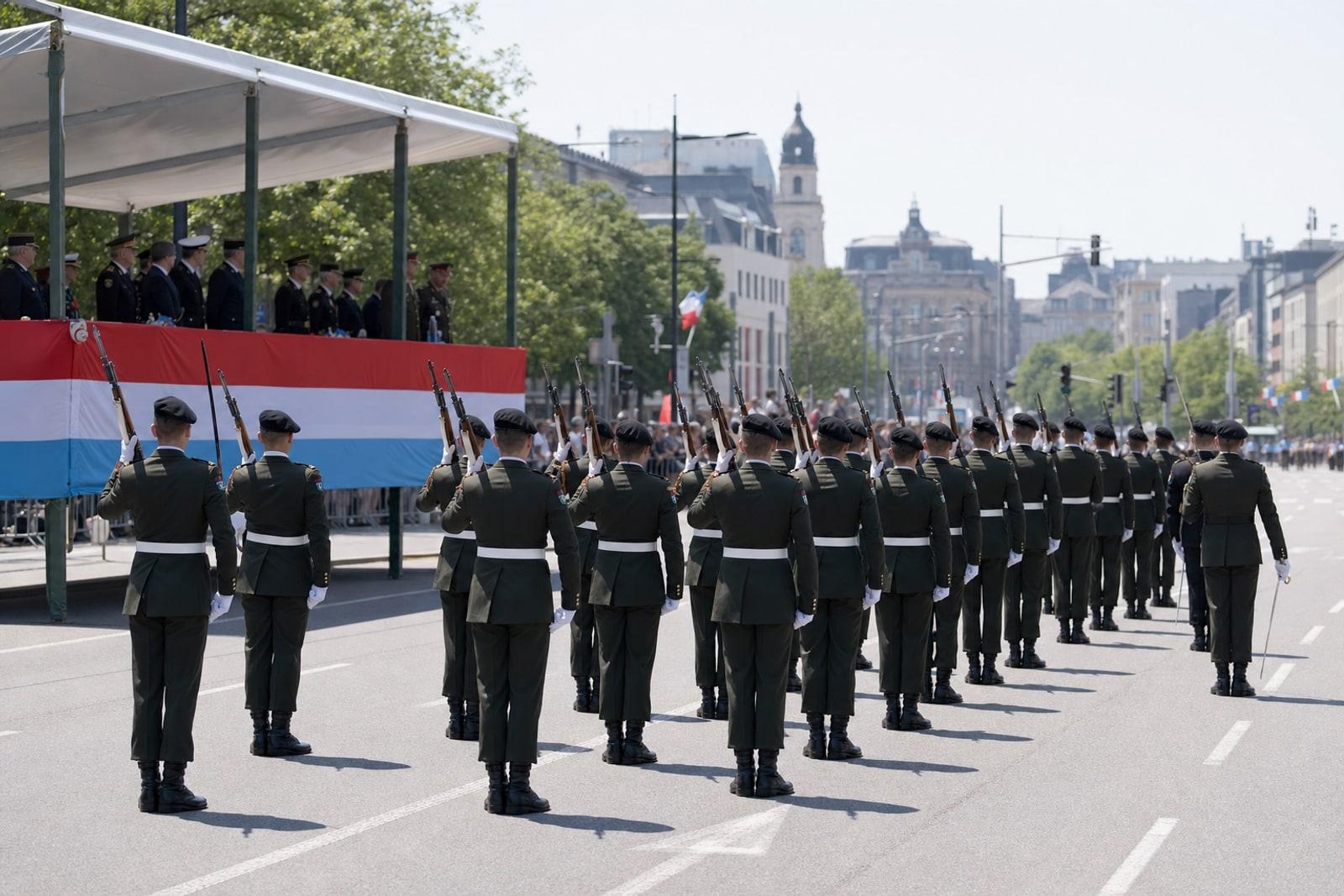 A Luxembourg Army honour detachment presents arms beside a tricolour-draped reviewing stand on Avenue de la Liberté during the National Day parade.