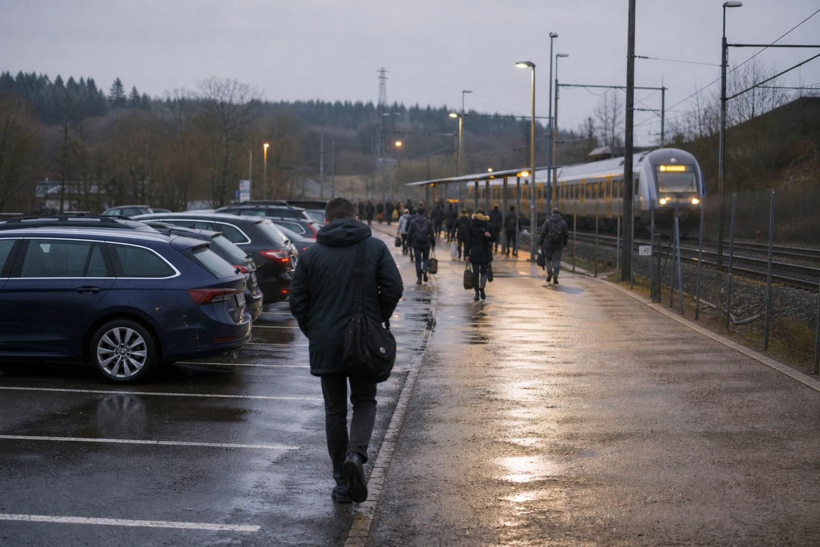 Anonymous commuters walk from a wet park-and-ride toward a border-region train platform at dawn, with parked cars and a regional train in the background.