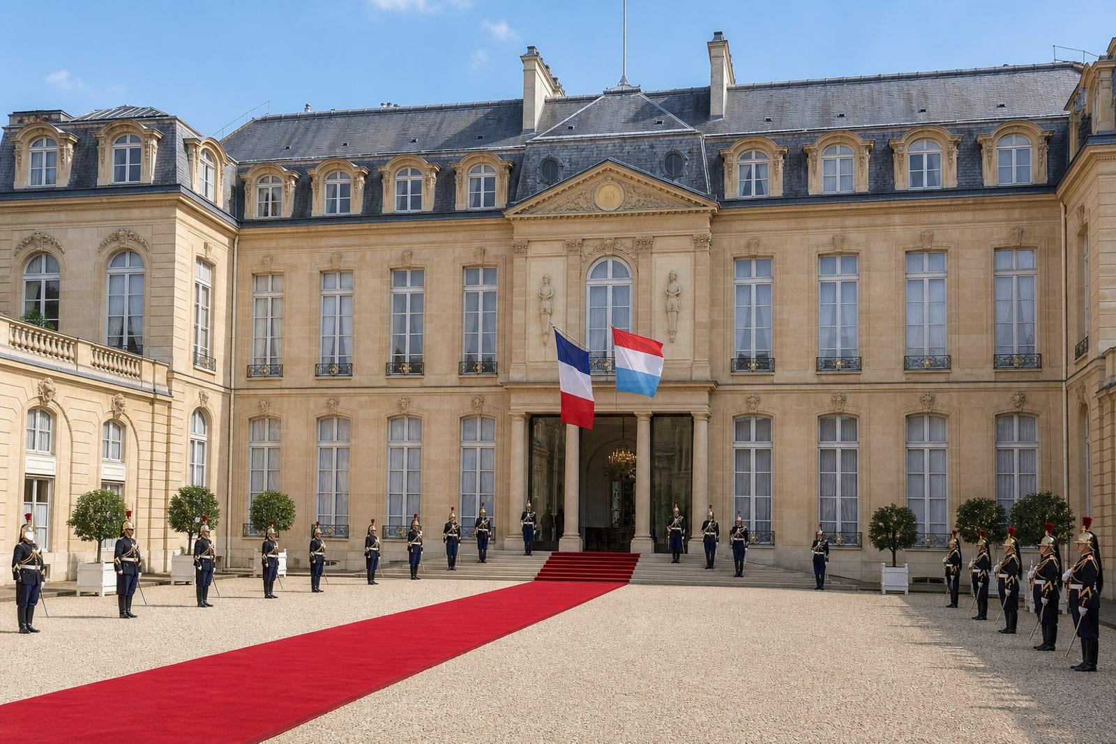 Der Ehrenhof des Élysée-Palasts in Paris, festlich hergerichtet für den Empfang eines Staatsoberhaupts mit französischen und luxemburgischen Fahnen und Ehrenformation der Garde républicaine.
